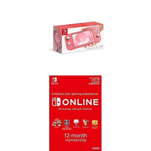 Nintendo Switch Lite Coral - Portable Gaming Console with 12-Month Switch Online Membership [Digital Download Code] - Perfect for Travel, Commuting & On-the-Go Gaming