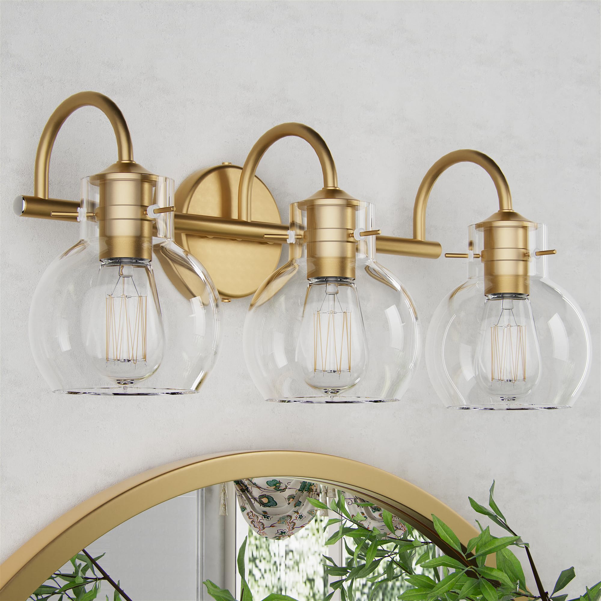 Modern Gold Vanity Light Fixture - 3 Light Bathroom Sconce with Clear Globe Glass Shade for Mirror Lighting, E26 Base - Perfect for Bathroom, Hallway & Dressing Room Makeup Vanity
