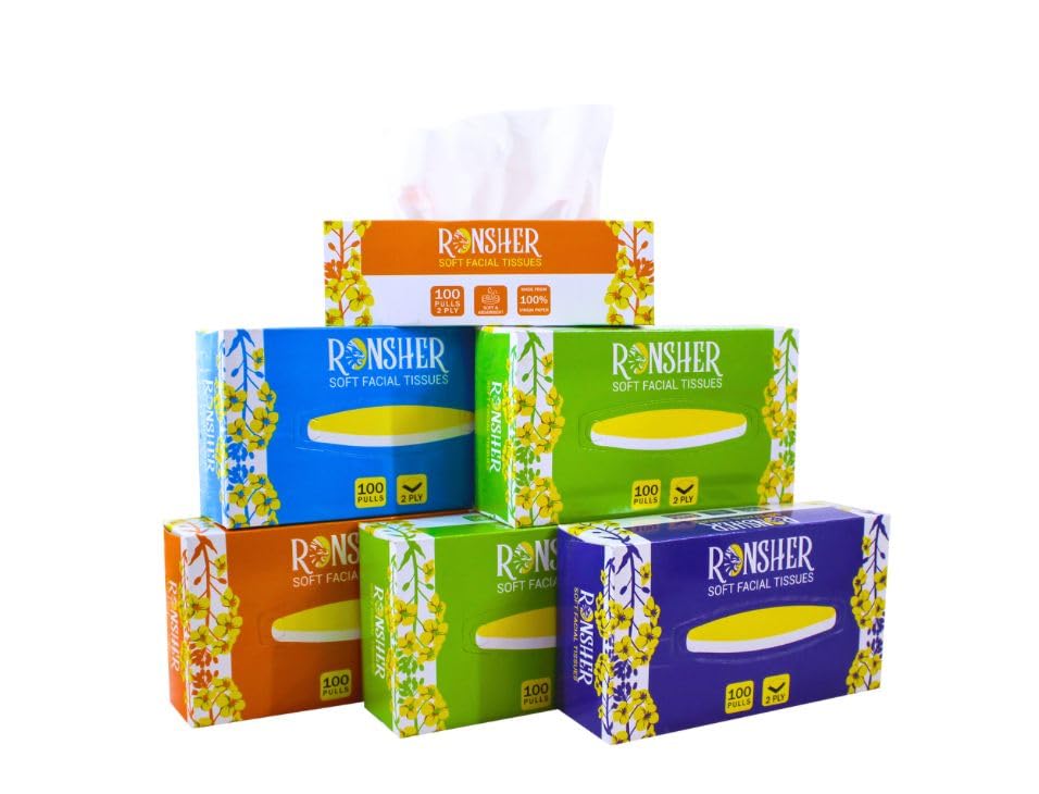 Ronsher 2-Ply Facial Tissue Box - 100 Sheets per Box, Pack of 6 | OBA-Free & Skin-Friendly Virgin Paper | Safe for Food Contact | Perfect for Home, Office, Car & Travel Use