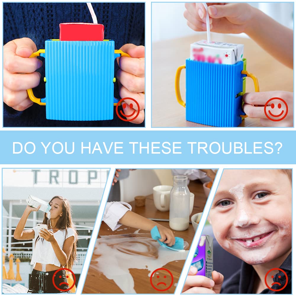 **No Squeeze Adjustable Juice Box Holder - LIUHUIZEYU Folding Milk Bag & Telescopic Cup Holder for Kids, No Spill (Blue) - Perfect for School Lunches, Picnics & Travel**