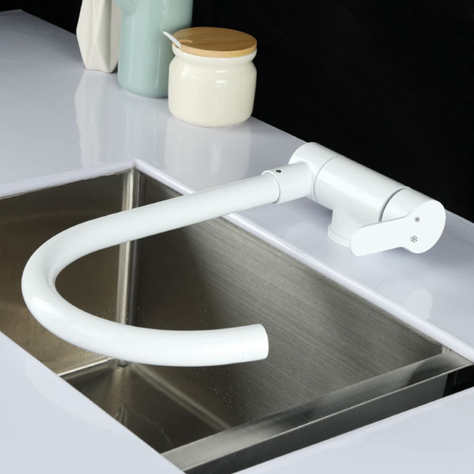 Folding Kitchen Mixer Faucets, Front Window Stainless Steel Swivel Cold & Hot Water Sink Faucet, White Kitchen Sink Mixer for Modern & Compact Spaces
