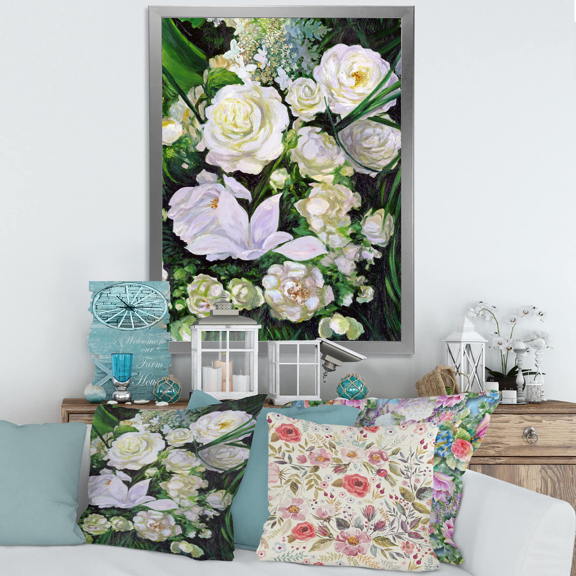 DesignQ Framed Wall Art - Elegant White Rose Bouquet Painting for Home & Office Decor | Perfect for Living Room, Bedroom, or Gift