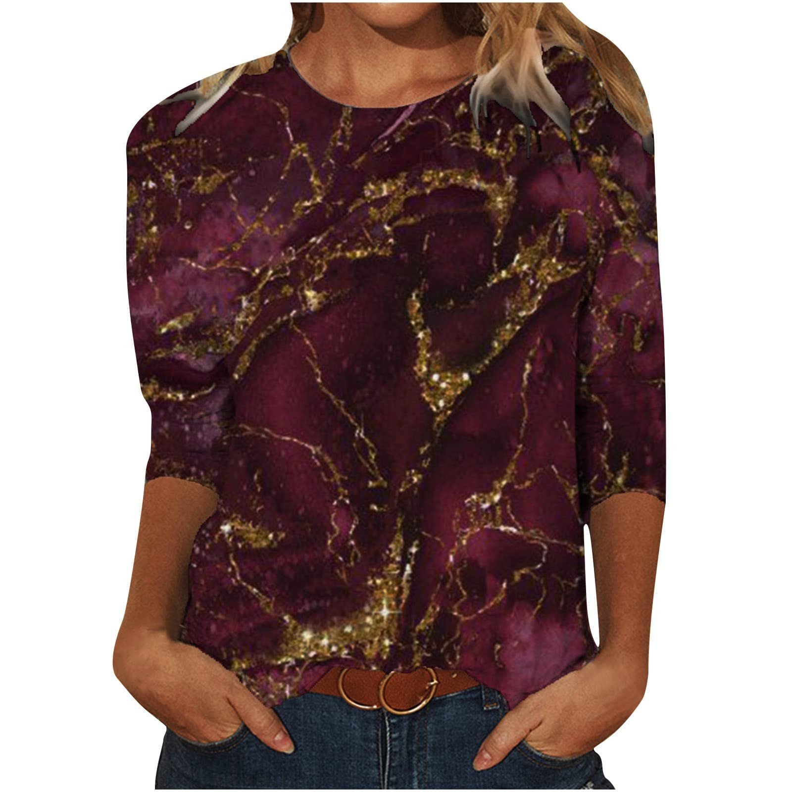 Women's 3/4 Sleeve Marble Print Blouse - Casual Loose Fit Lightweight Top for Women | Perfect for Office, Date Night & Summer Outfits