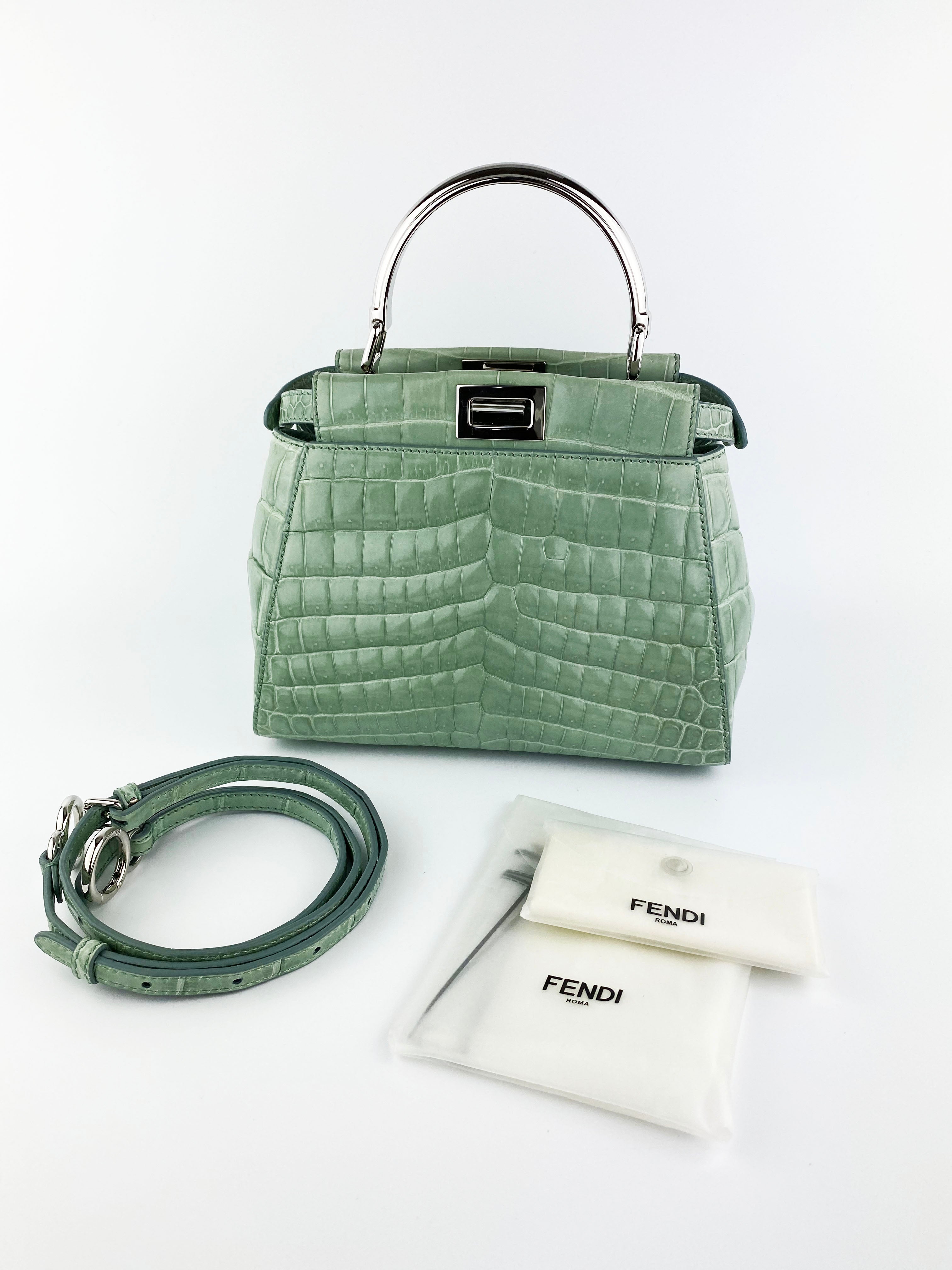 Fendi Peekaboo Mini Handbag in Mint Green Genuine Crocodile Leather - Luxury Crossbody Purse for Women, Perfect for Date Night & Special Occasions