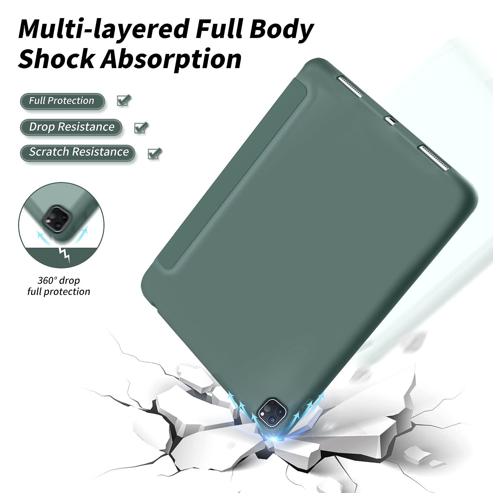 Premium Slim Trifold Protective Case for iPad Pro 11 Inch 4th/3rd/2nd Gen (2022/2021/2020 Model) - Soft TPU Back Cover with Apple Pencil 2 Charging Support & Auto Sleep/Wake - Dark Green - Perfect for Work, Travel & Daily Use