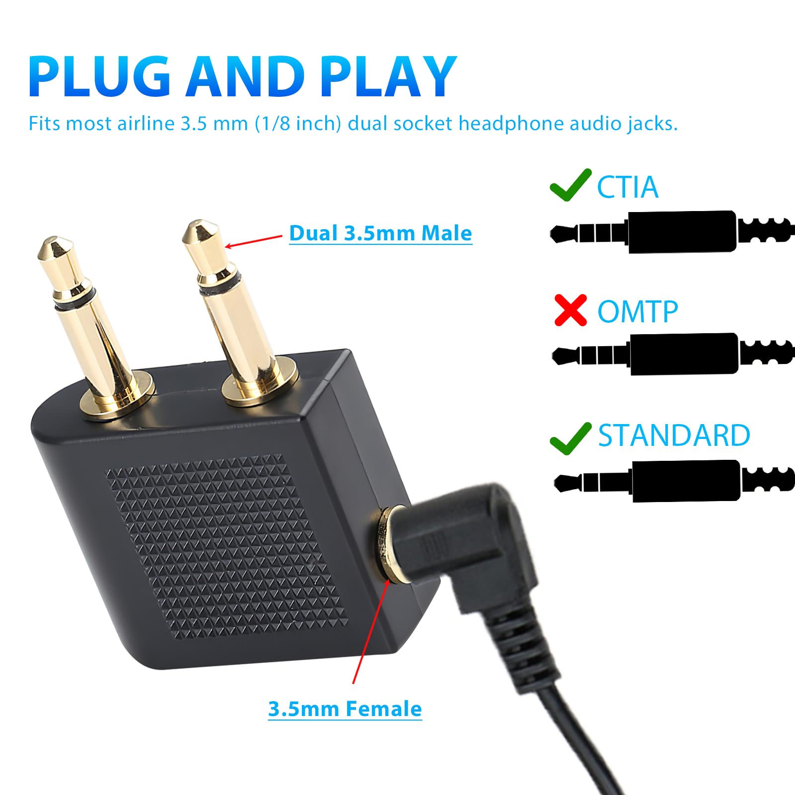 2-Pack Gold Plated 3.5mm Airline Headphone Adapter - 3.5mm Male to 3.5mm Female Stereo Audio Jack Converter for In-Flight Entertainment, Travel & Home Audio Devices