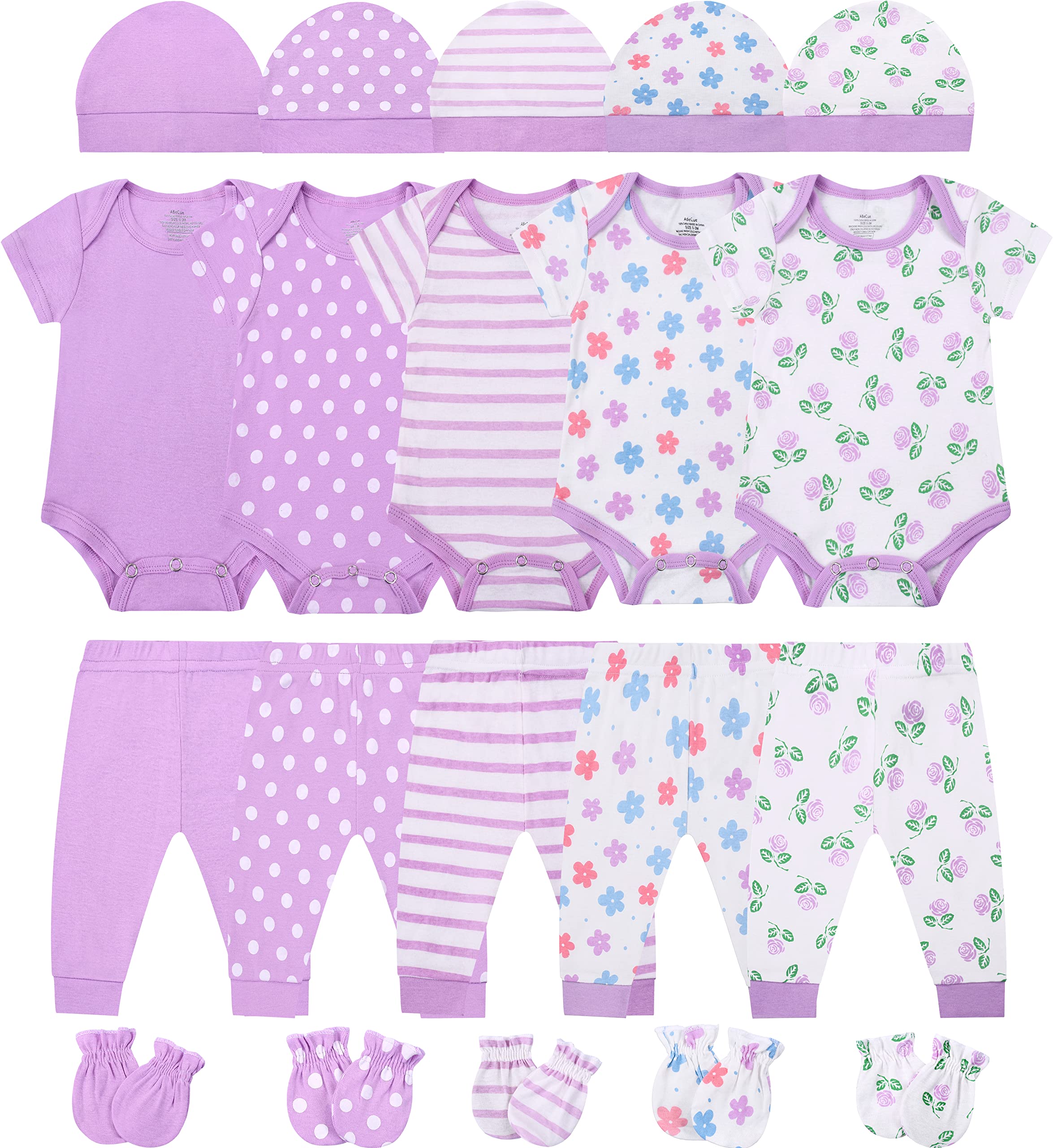 ABeCue 20-Piece Baby Layette Essential Set - Newborn Boy & Girl Clothes Pack, Infant Gift Sets for Shower, Hospital & First Outfits | Soft Cotton Bodysuits, Hats, Mittens & More