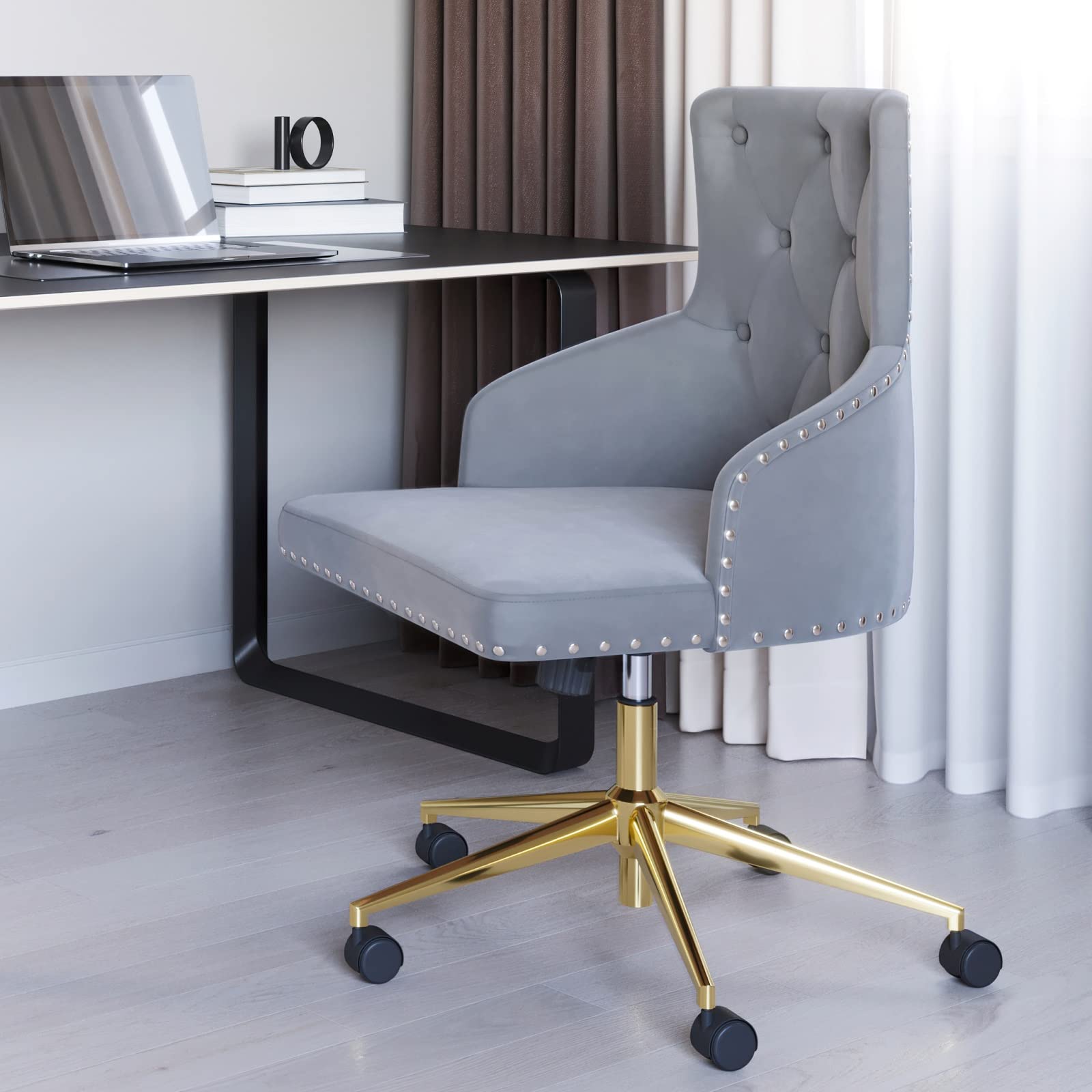 BELLEZE Modern Velvet Desk Chair - Adjustable Height Swivel Office Chair with Wheels, Tufted Upholstered Seat & Slim Arms for Home Office, Bedroom Vanity or Gaming Setup (Gray) - Ergonomic Computer Chair for Work & Study