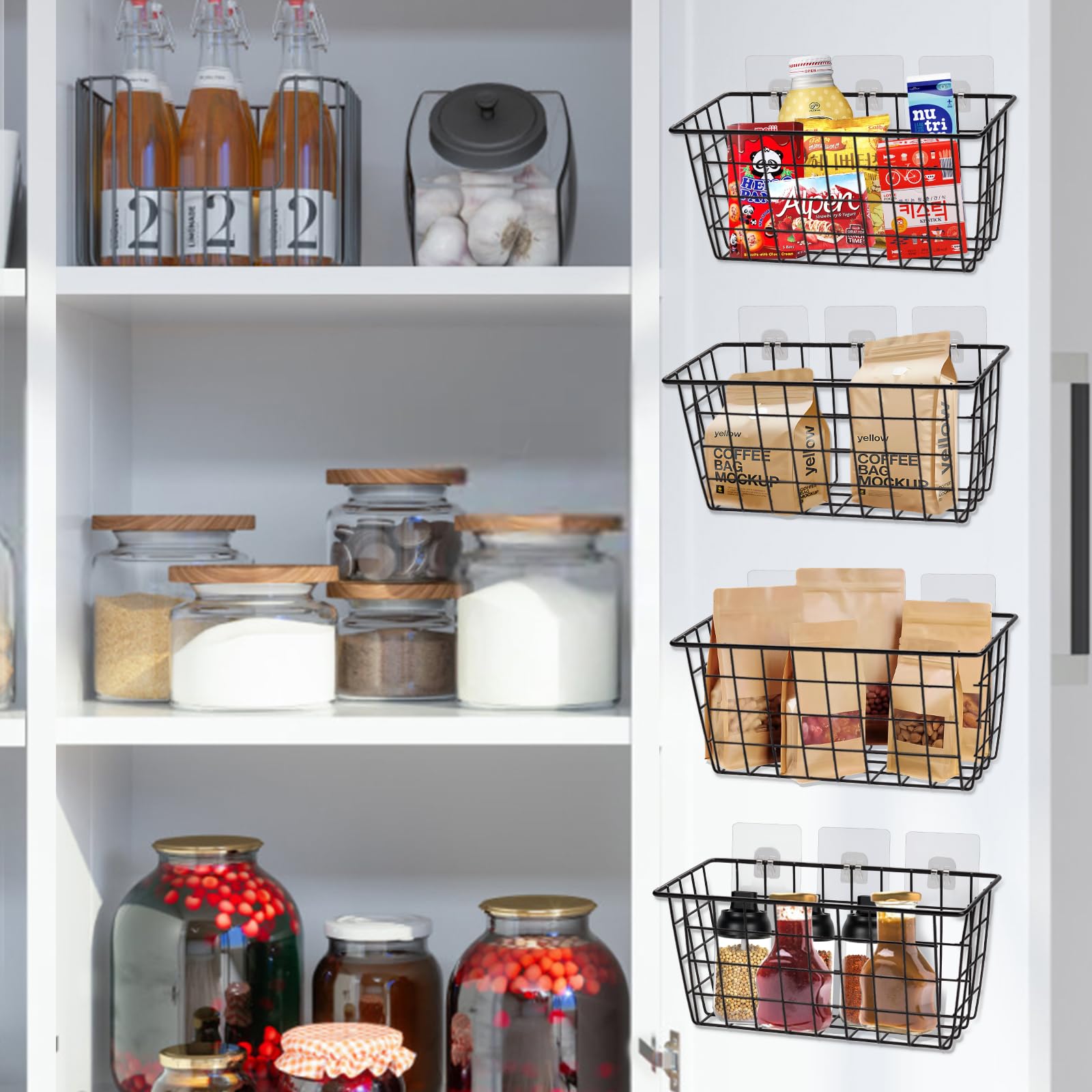 4-Pack Adhesive Wall Mounted Hanging Kitchen Baskets - No Drill Small Wire Storage Baskets for Pantry, Bathroom & Shelf Organization - Perfect for Spices, Utensils & Toiletries Storage