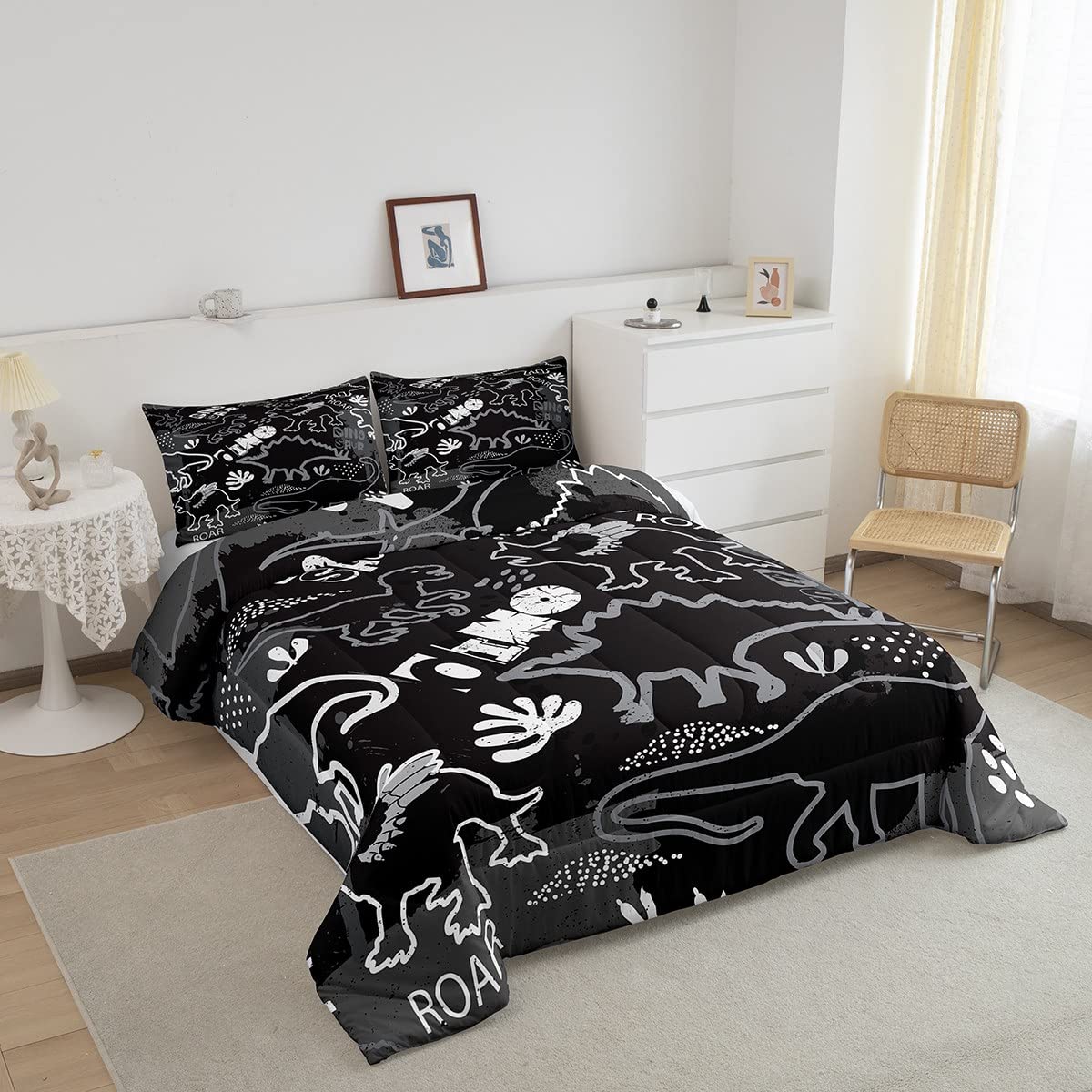 Twin Size Cartoon Dinosaurs Comforter Set - 2 Piece Soft Microfiber Duvet Cover with Pillowcase | Japanese Sketch Graffiti Style Wildlife Dinosaur Bedding for Boys & Kids | Perfect for Bedroom Decor, Sleepovers and Kids Room Themes