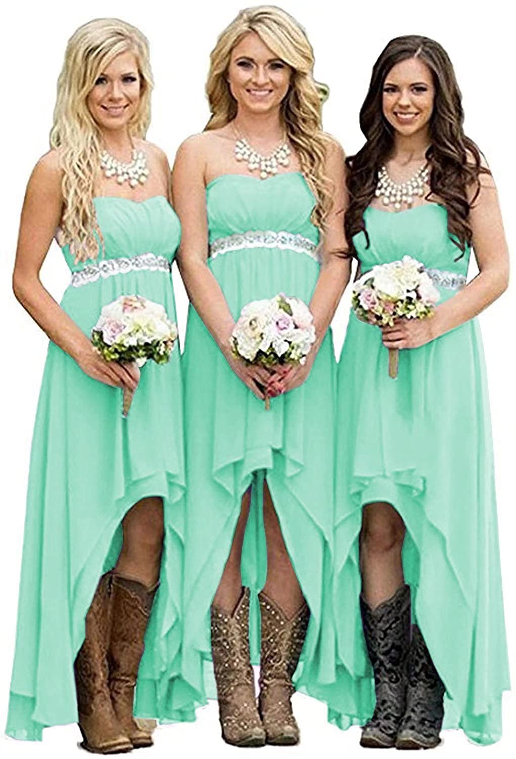 Elegant Homdor Women's Chiffon High-Low Bridesmaid Dress - Strapless Country Junior Wedding Party Gown with Belt for Bridal Shower, Beach Wedding & Formal Events