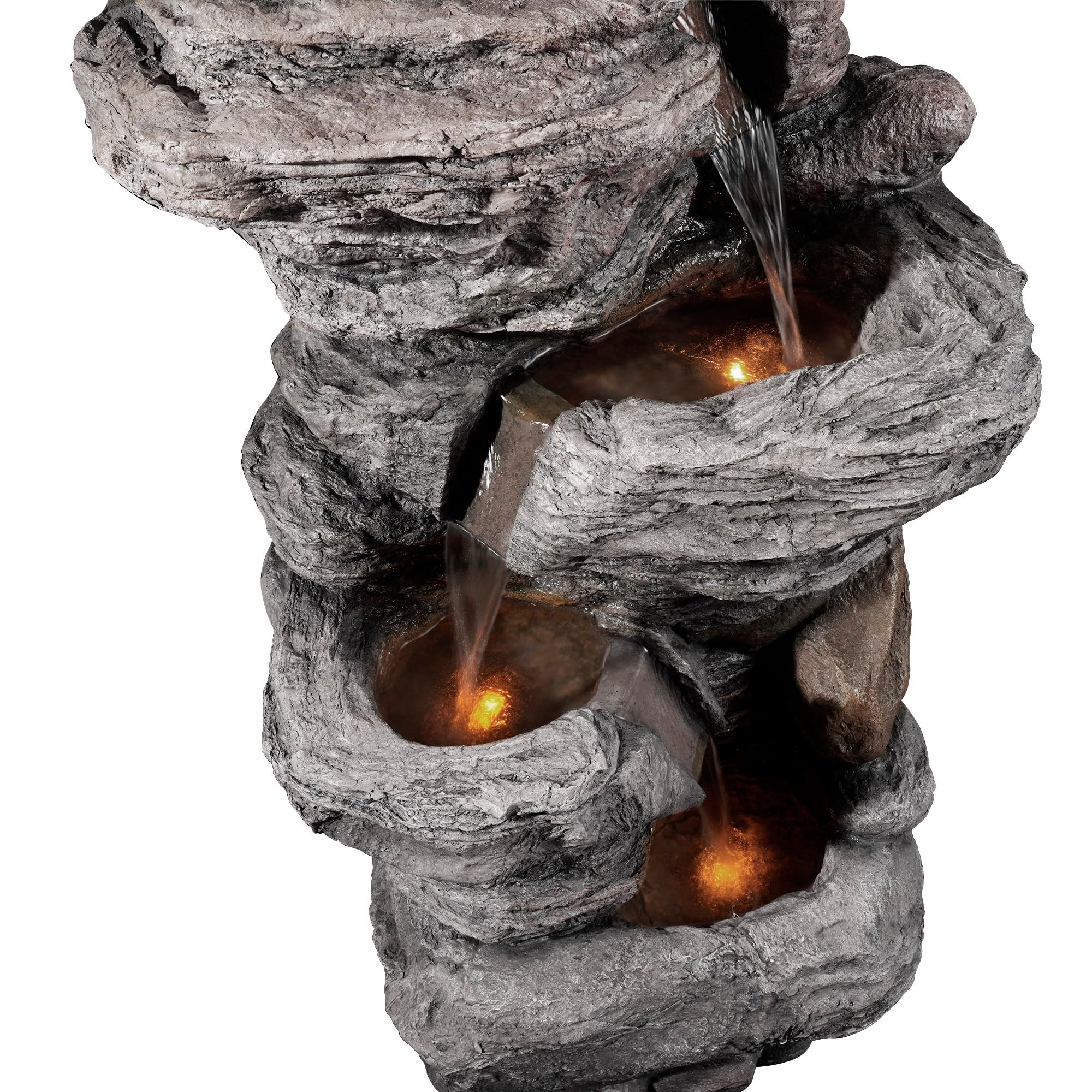 Teamson Home 39.37 Inch Outdoor Gray Faux Stacked Stone 4-Tier Water Fountain with LED Lights and Pump - Perfect for Garden, Patio, and Backyard Decor