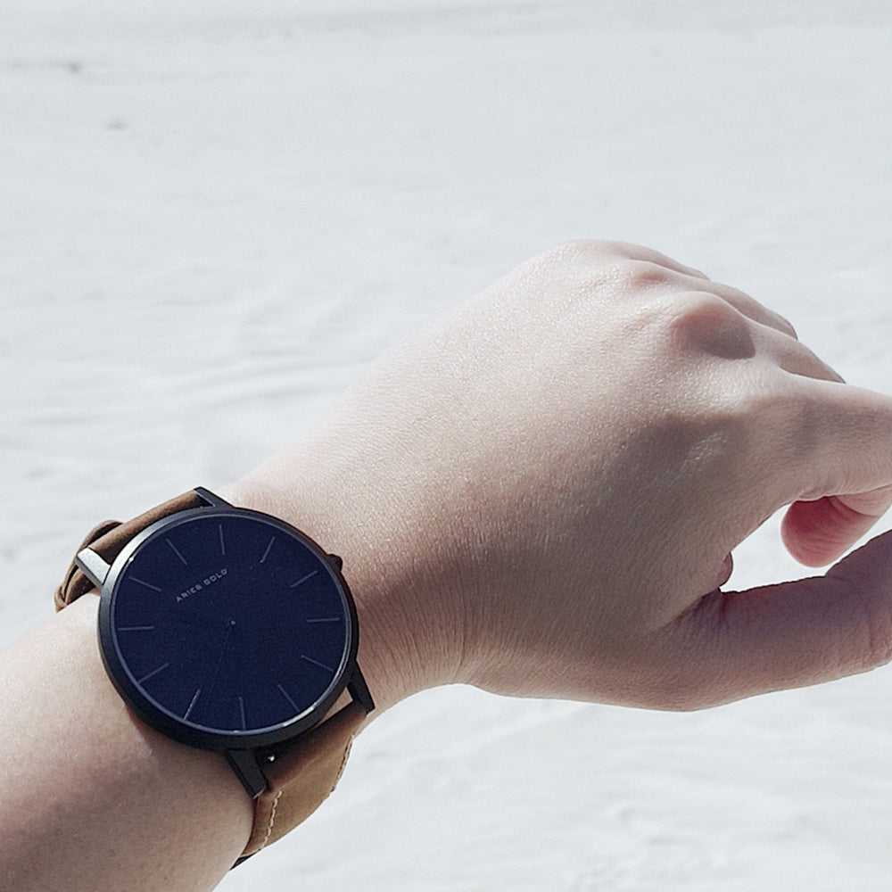 ARIES GOLD URBAN SANTOS Black Stainless Steel Women's Watch with Brown Leather Strap - Fashionable Timepiece for Casual Wear, Office & Special Occasions