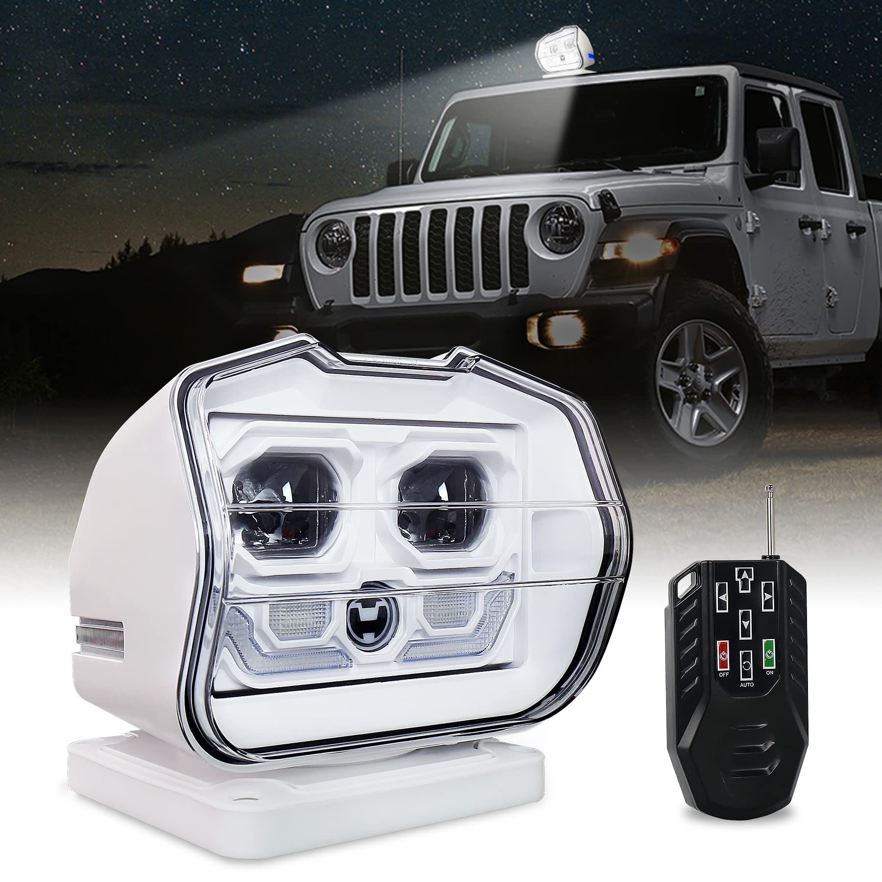 MOVOTOR LED Search Light with Wireless Remote Control - 360° Rotating Auto Spotlight, Strong Magnetic Base for Permanent Mounting | Ideal for Boats, Marine, Outdoor, Off-Road & Camping (White)
