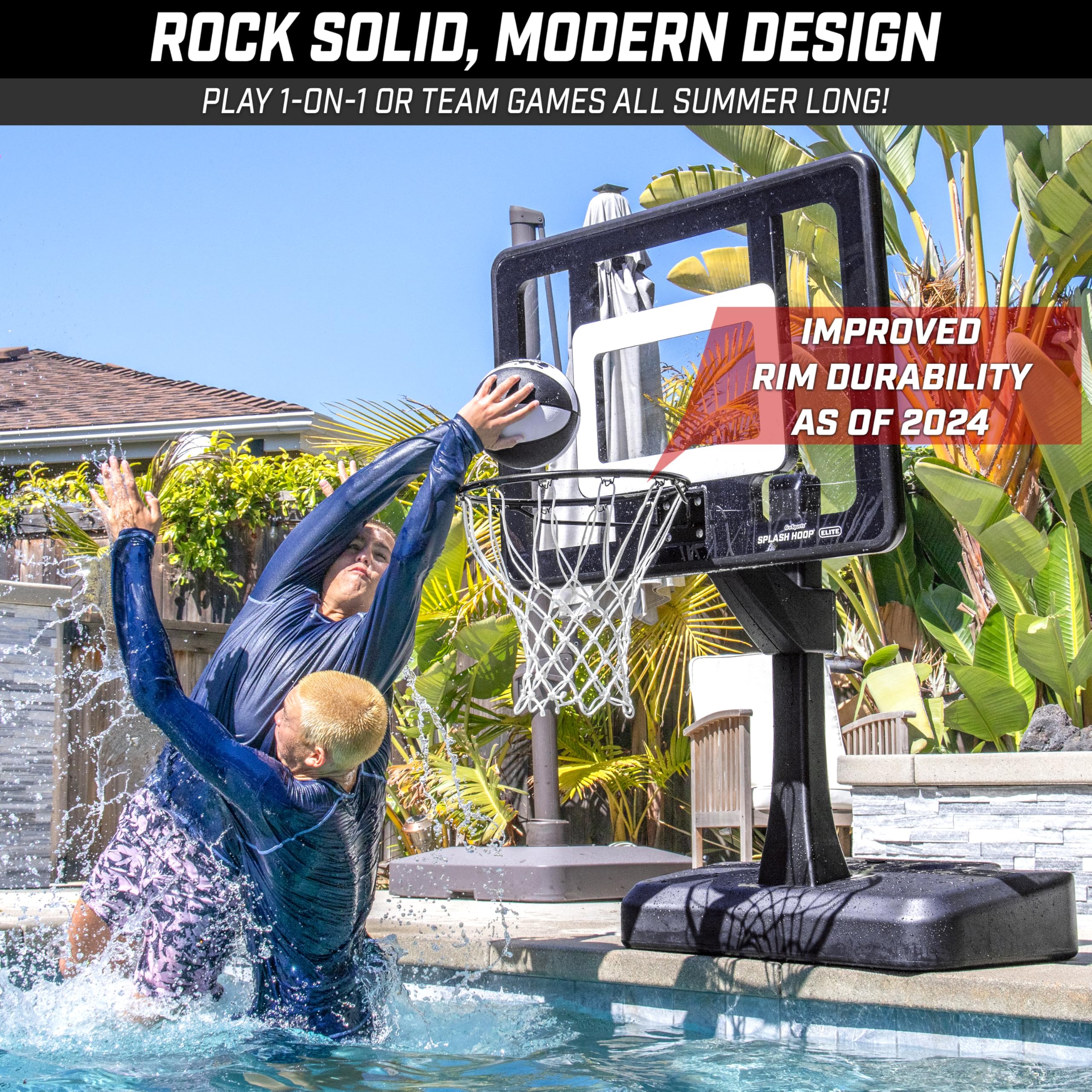 GoSports Splash Hoop Elite - Adjustable & Fixed Height Pool Basketball Hoop with Water Weighted Base, Regulation Steel Rim & 2 Pool Basketballs - Perfect for Backyard Pool Parties, Summer Fun & Water Games
