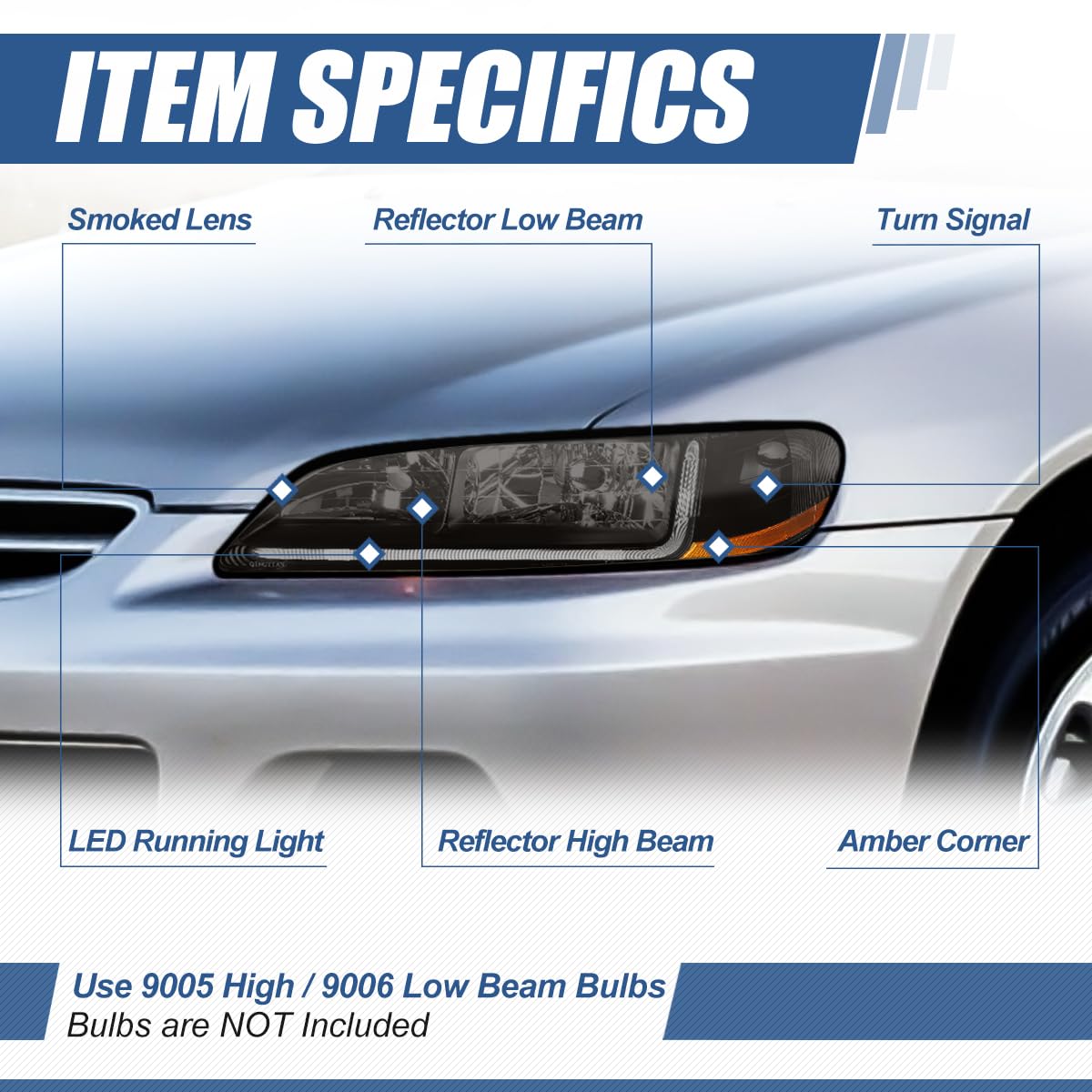 Auto Dynasty LED DRL Headlights Assembly for Honda Accord 6th Gen 1998-2002 - Smoked Lens with Amber Reflector - Driver & Passenger Side - Upgrade Your Ride for Night Driving & Enhanced Style