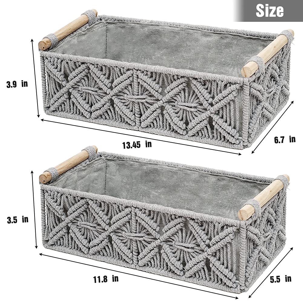 Macrame Storage Basket Set of 2 - Boho Woven Decorative Baskets for Home Organization, Bathroom Countertop, Toilet Paper Holder, Nursery & Living Room Decor - Grey (Perfect for Bedroom, Entryway & Boho Chic Home Decor)