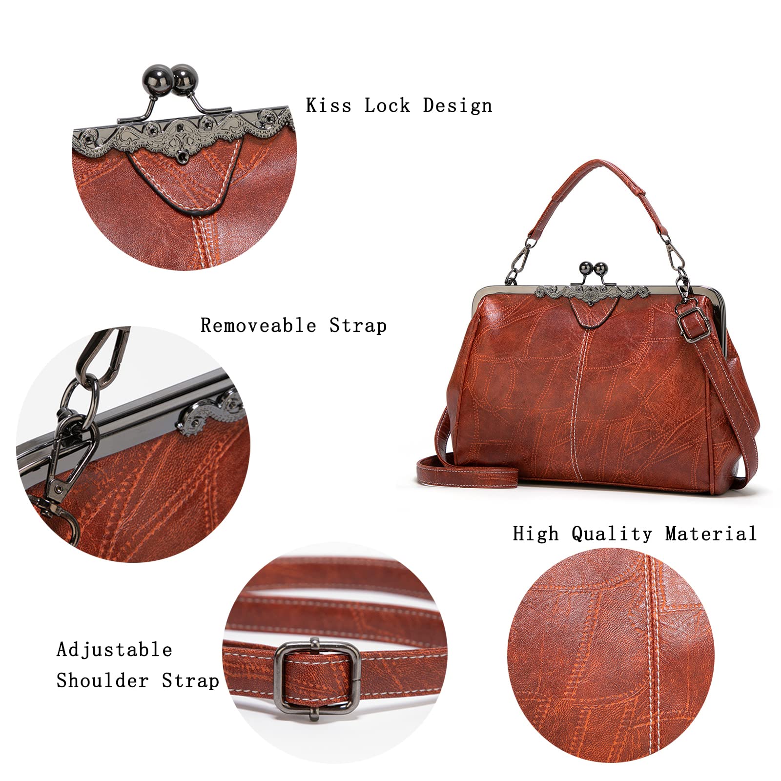 Vintage Women's Kiss Lock Handbag - Oil Leather Evening Clutch Purse & Tote Satchel for Parties, Weddings & Formal Events