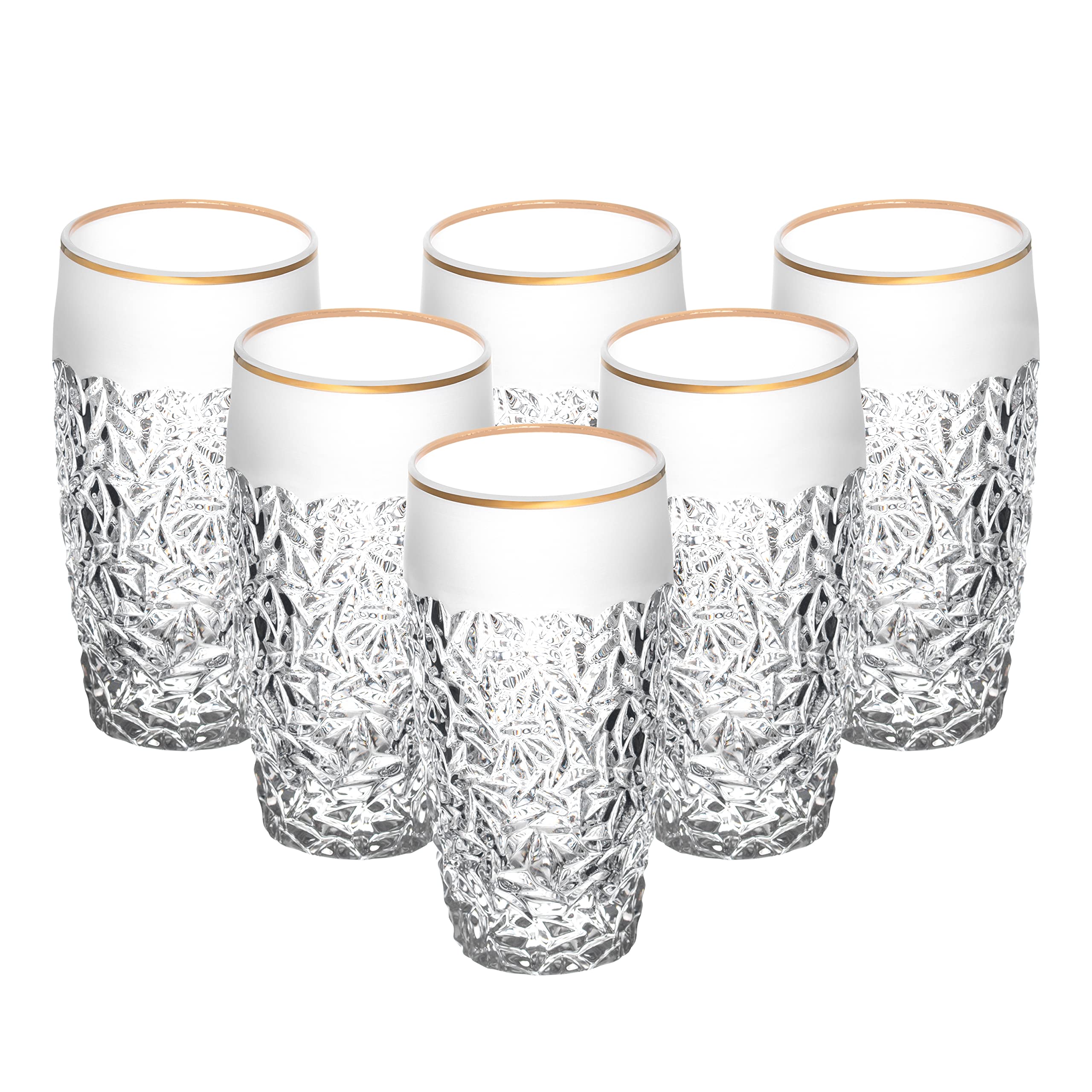Premium European Crystal Glass Set of 6 - 16 oz Highball Tumblers with Elegant Raindrop Design, Frosted Border & Gold Rim - Made in Europe - Perfect for Cocktails, Iced Coffee & Home Bar Decor