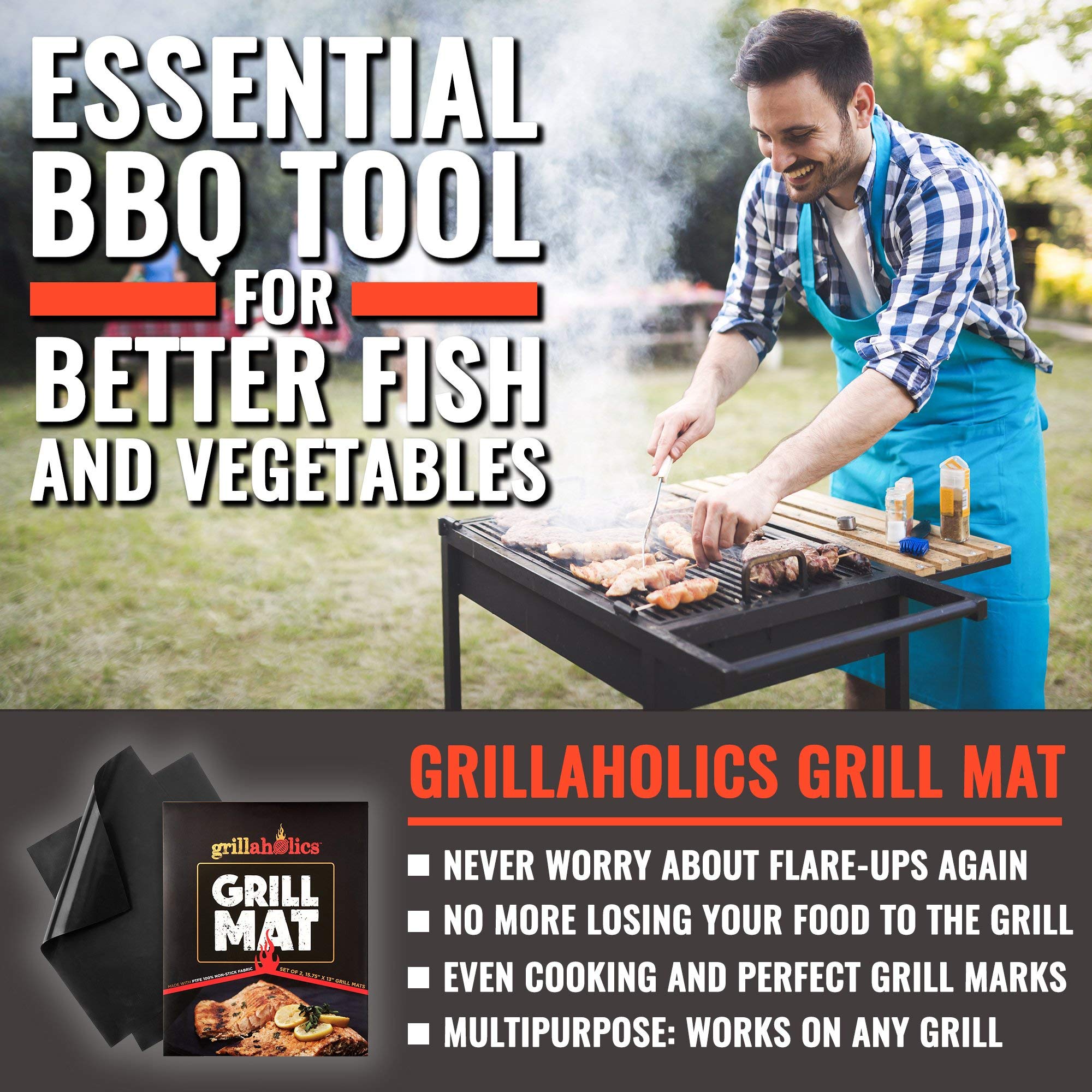 Grillaholics Premium Nonstick BBQ Grill Mats (2-Pack) with Wireless Meat Thermometer & Bristle-Free Grill Brush Set – Perfect for Outdoor Grilling, Backyard BBQs, and Camping Cooking