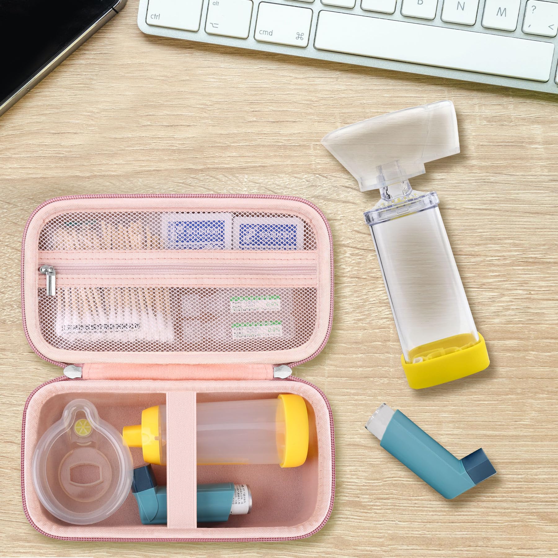 Asthma Inhaler Hard Case with Spacer for Kids & Adults - Travel Organizer with Mesh Pocket for Medication & Accessories (Rose Gold) - Perfect for School, Work & Outdoor Activities