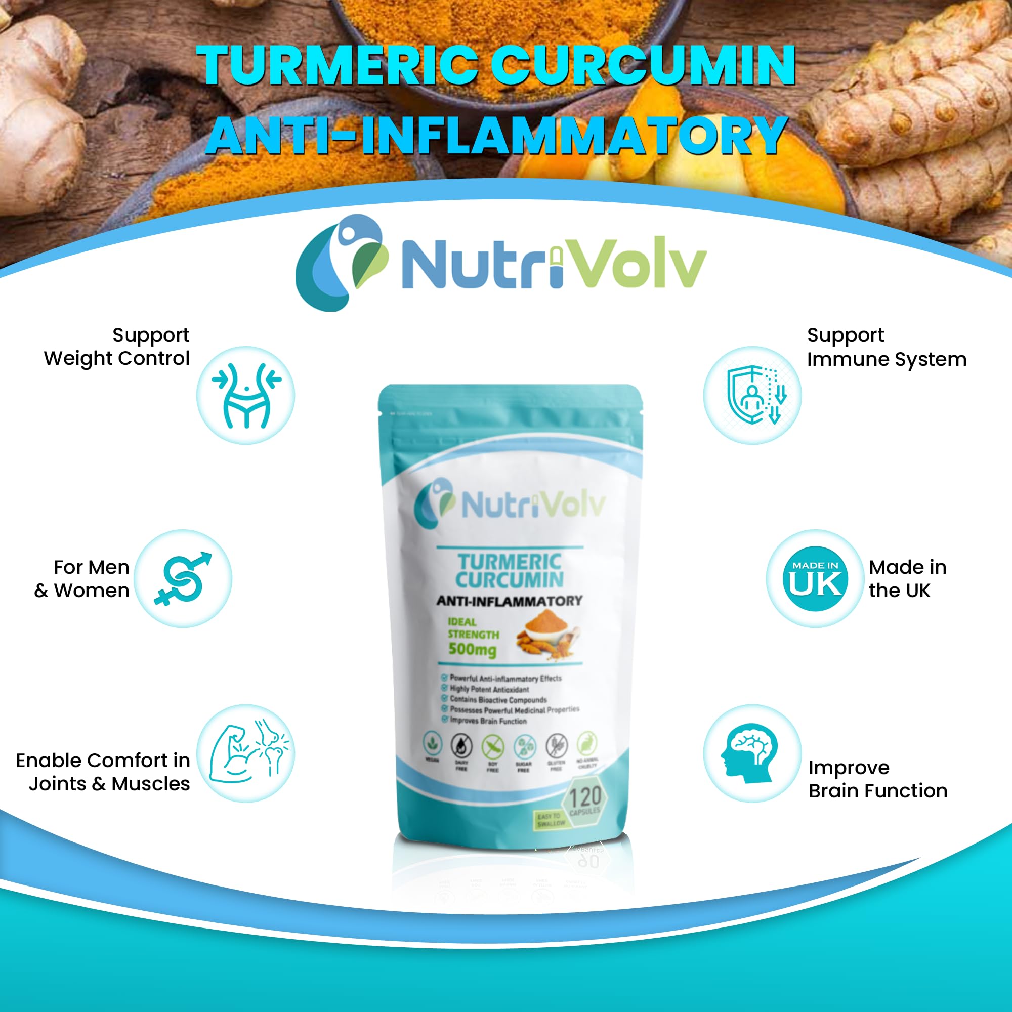 Turmeric Curcumin 500mg with Black Pepper for Absorption | 120 Capsules | Anti Inflammatory & Antioxidant Supplement | Supports Joint & Immune Health | for Daily Wellness & Active Lifestyle