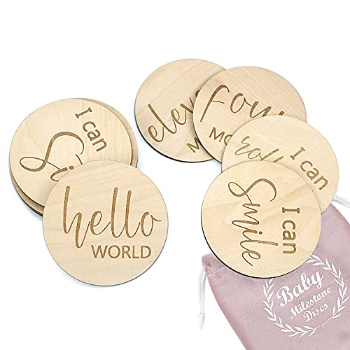 Wooden Baby Milestone Cards - Double Sided Engraved Monthly Photo Props for Newborns, First Year Keepsake Gift Set with Velvet Bag - Perfect for Baby Showers, Monthly Photo Shoots, and Creating Cherished Memories (Round Style 2)