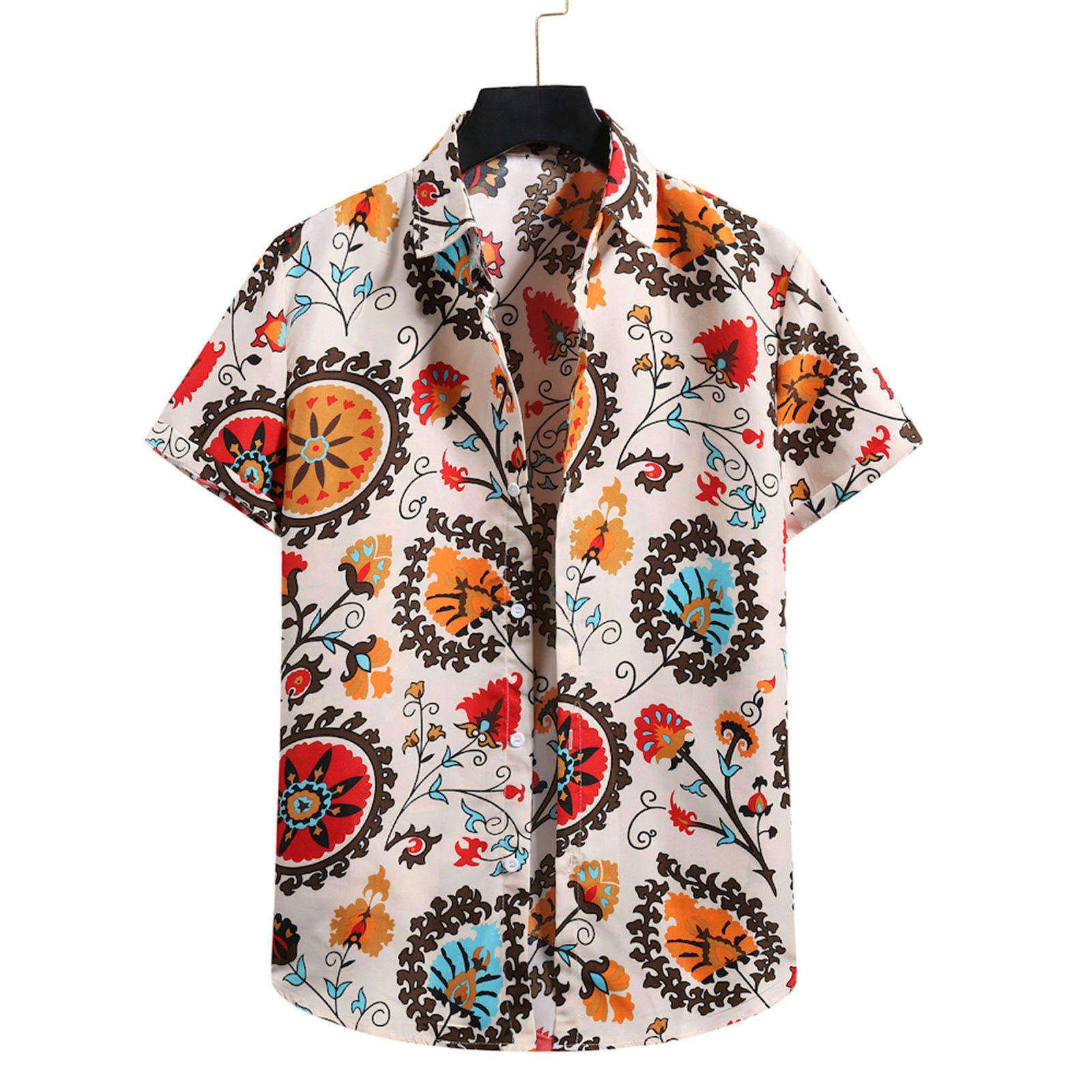 Hawaiian Flower Print Men's Short Sleeve Cardigan Beach Shirt - Navy Blue Turtleneck Top for Summer Vacation & Tropical Parties
