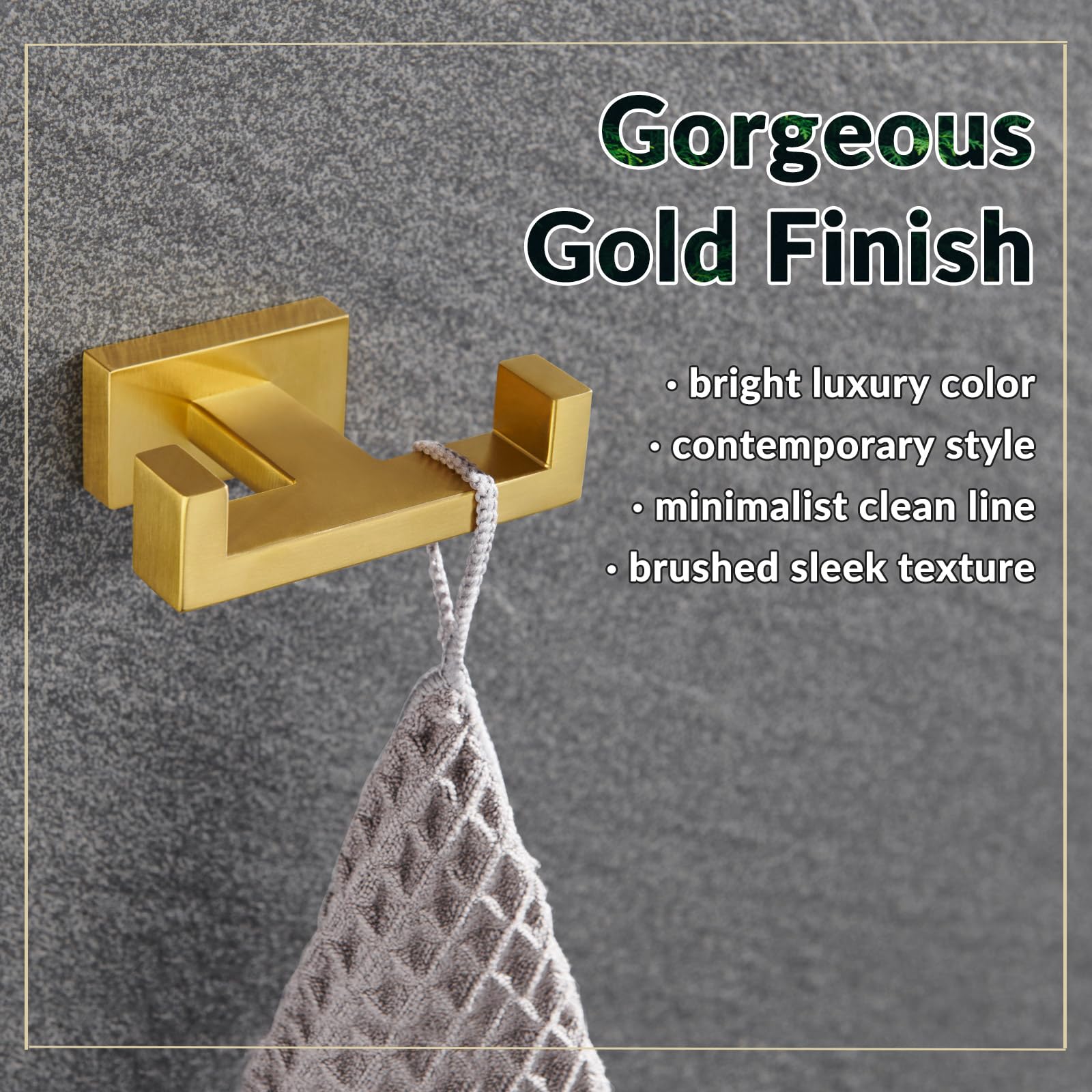 APLusee Brushed Gold Double Robe Hook - 304 Stainless Steel Bathroom Towel Holder & Wall Hanger for Kitchen, Toilet, Cabinet - Perfect for Hanging Robes, Towels and Clothes in Bathrooms & Kitchens