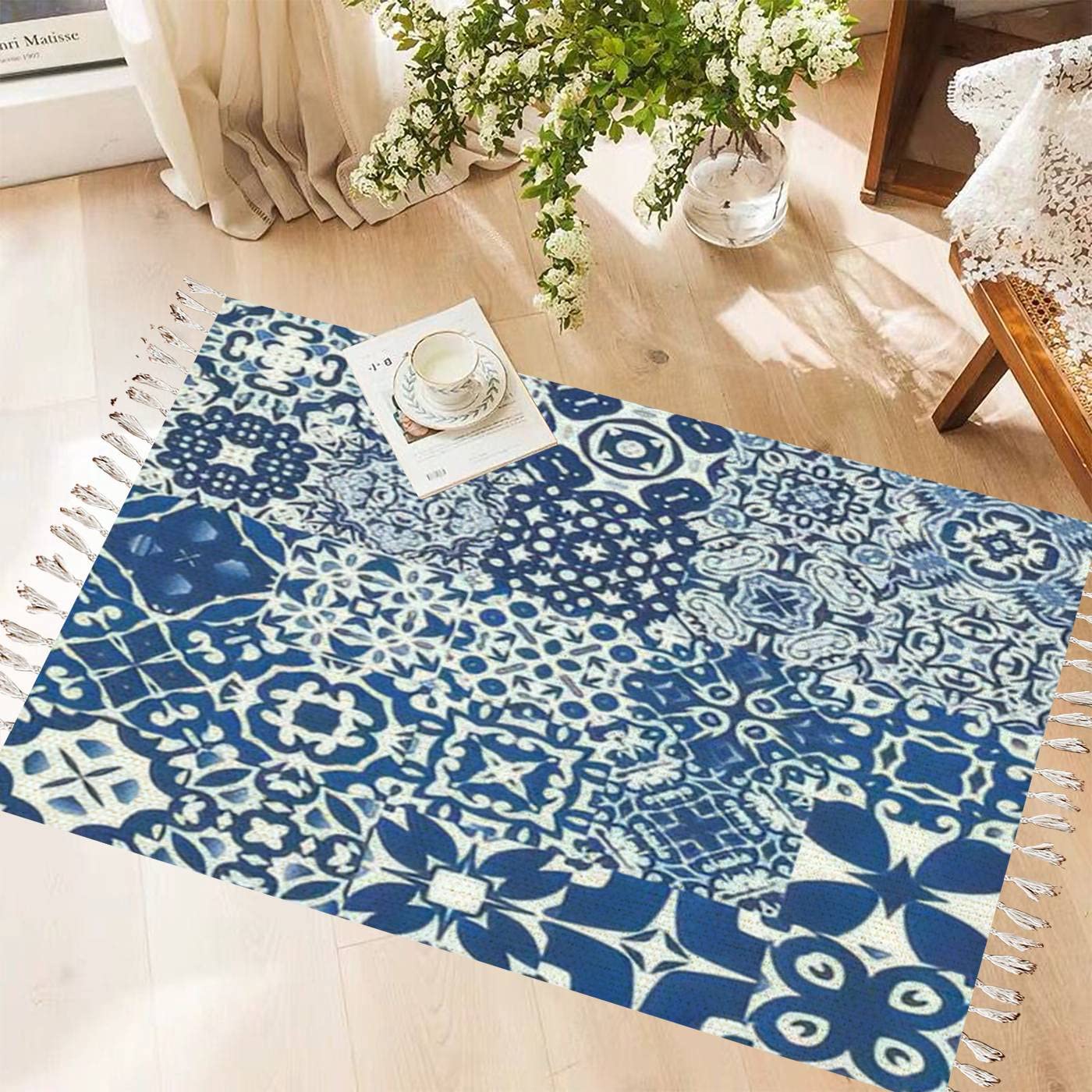 Boho Area Rug - Traditional Ornate Portuguese Azulejos Design, Linen & Cotton Blend, Washable Meditation Rug - Perfect for Hallway, Bedroom, Bathroom & Nursery Decor | Boho Chic Home Accent