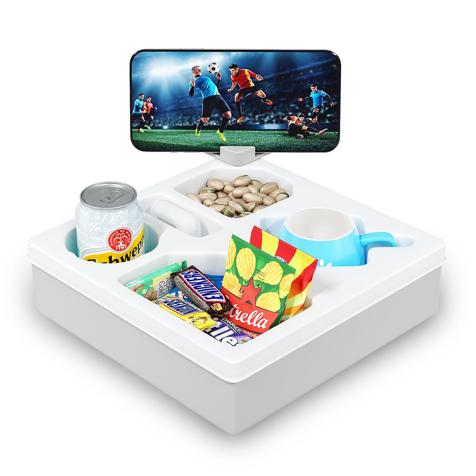 Rotatable Couch Caddy with Phone Holder & Cup Tray - Multi-Functional Sofa Organizer for Bed, Living Room - Waterproof Drink Holder for Snacks, Beverages, Remote & Cellphone (White) - Perfect for Movie Nights, Relaxing & Home Entertainment
