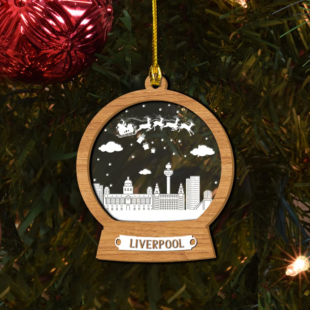 Liverpool Christmas Ornaments - 3D Wooden Layered Personalized Cityscape Decorations for Christmas Tree | Set of 10 Unique Holiday Trinkets - Perfect for Home, Office & Gift Giving