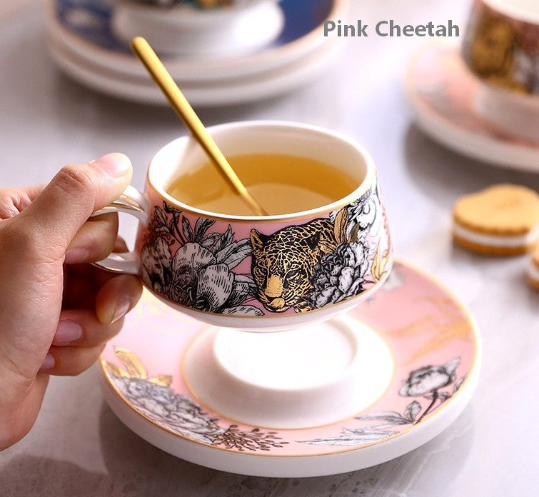 Unique Jungle Tiger Cheetah Porcelain Coffee & Tea Cups Set with Gold Trim - Elegant Ceramic Mugs with Saucers & Gift Box - Perfect for Home, Office & Gifting