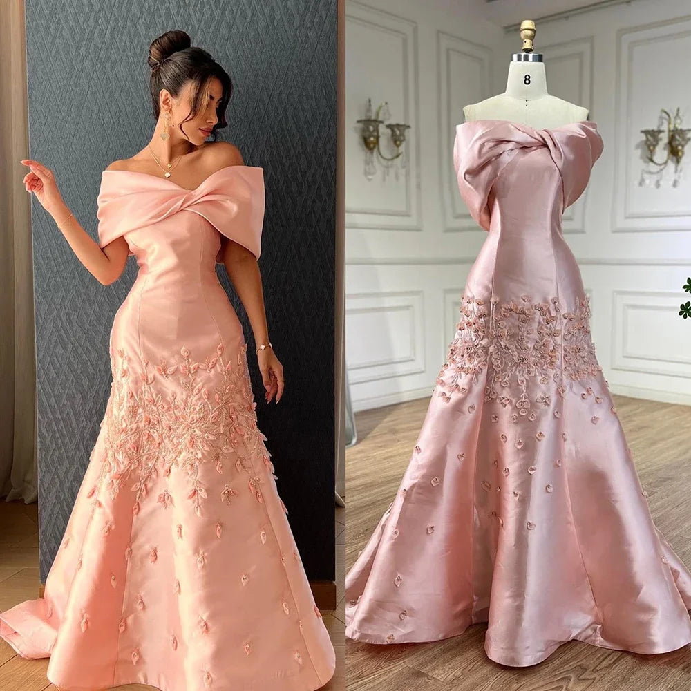 Luxury Dubai Elegant Appliques Mermaid Peach Satin Long Evening Dress for Women - Wedding, Party, Prom & Formal Occasions | Serene Hill Collection 2025 LA72483