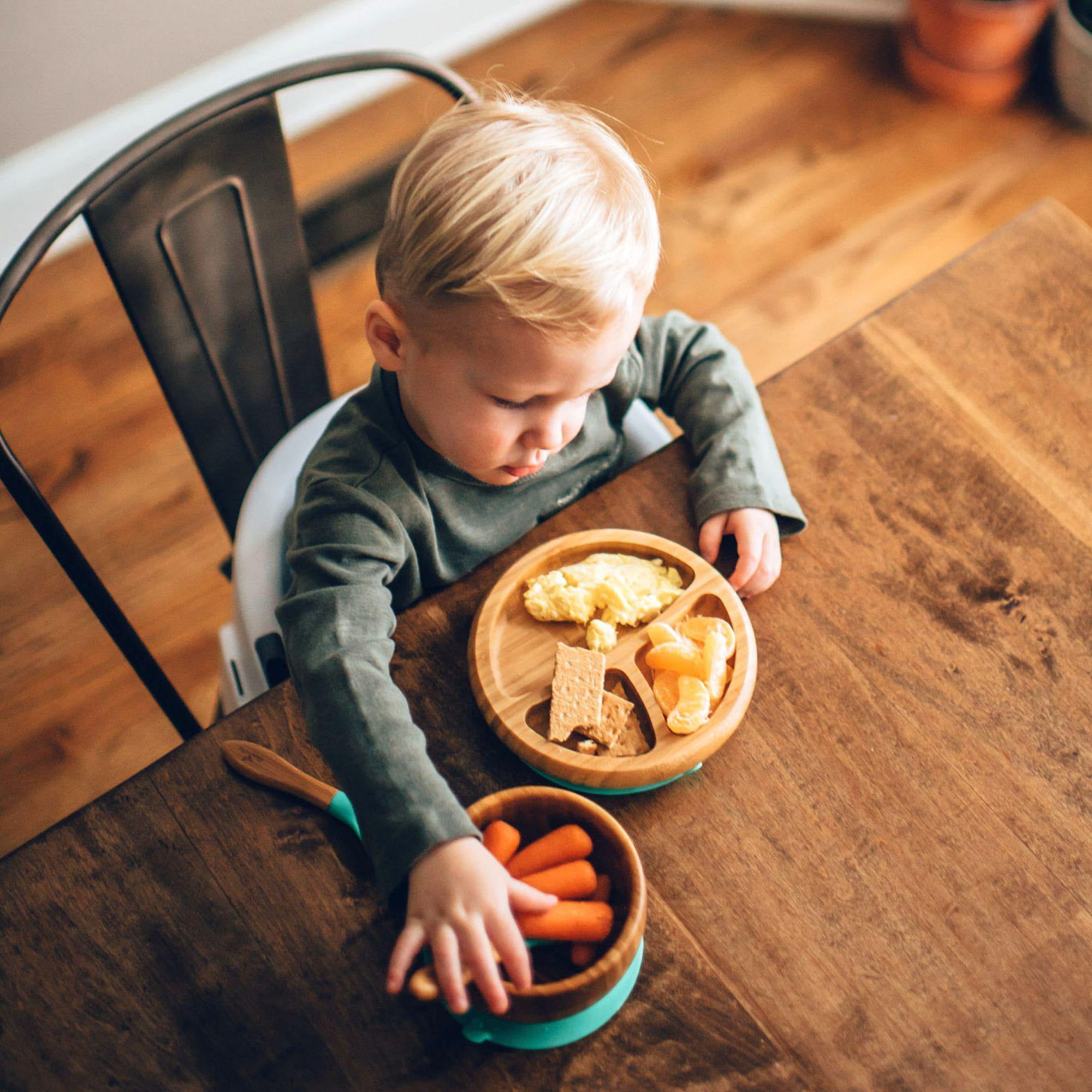 Avanchy Eco-Friendly Bamboo Suction Baby Plate with Spoon - Green | Non-Slip Toddler Feeding Set for Mess-Free Mealtime at Home or Travel