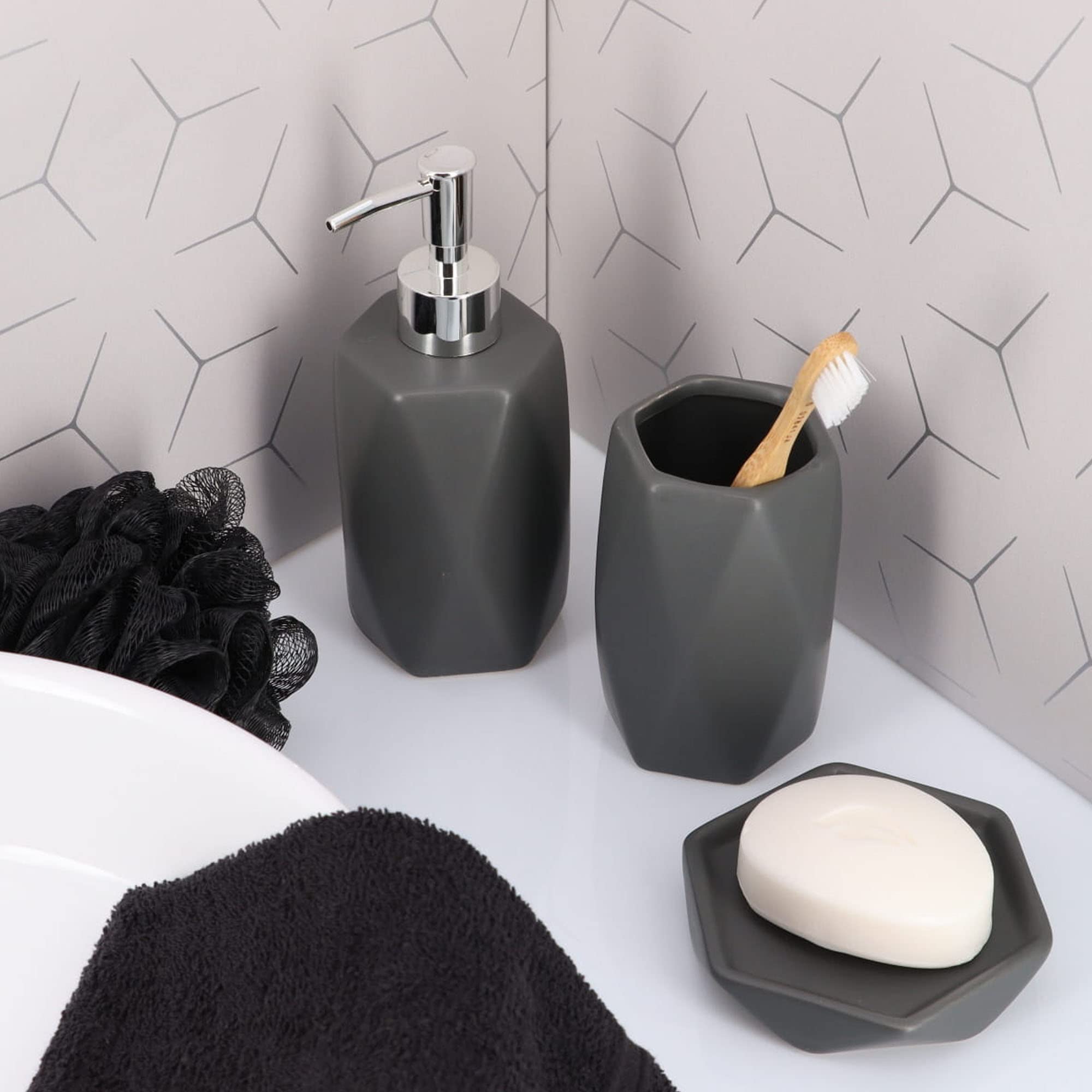 Premium Diamond Stoneware Grey Soap and Lotion Dispenser for Bathroom - Elegant Touch for Modern Vanities, Guest Bathrooms & Spa-Like Showers