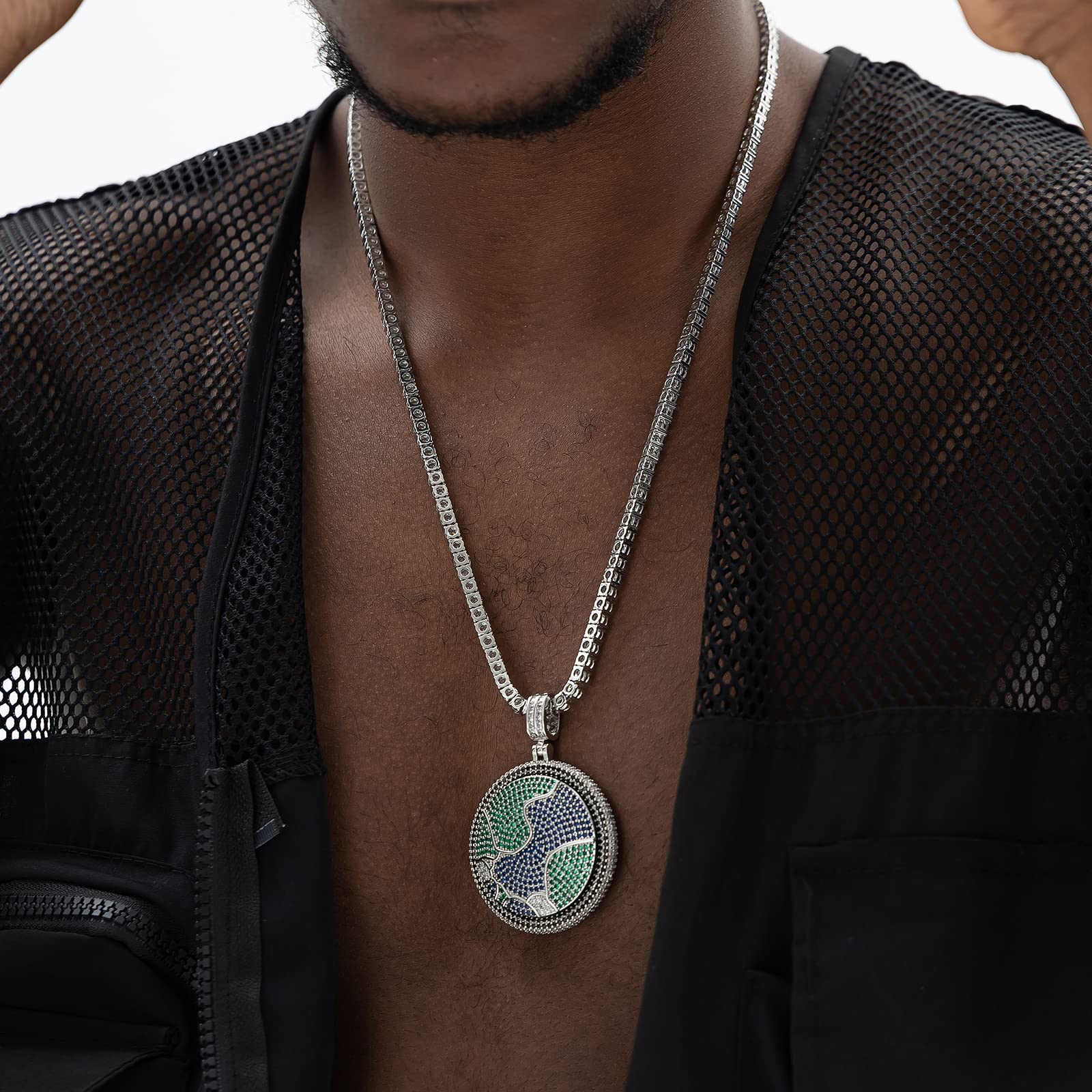 Iced Out Pendant Necklace - 18k Gold Plated Hip Hop Jewelry with Personalized Earth Design | CZ Diamond Pendant for Men & Women | 8mm 24in Stainless Steel Gold Cuban Chain | Perfect for Parties, Gifts & Streetwear Fashion