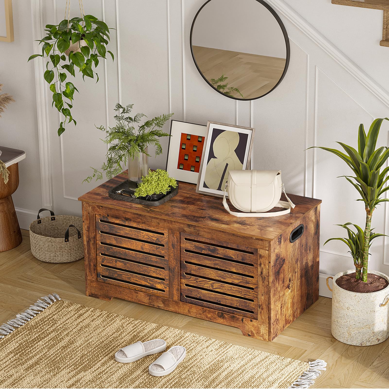 DINZI LVJ 39.4” Wooden Storage Chest with Safety Hinges - Retro Flip-Top Shoe Bench & Toy Box - Rustic Brown Entryway Organizer for Living Room, Bedroom - Easy Assembly Home Storage Solution (Perfect for Entryway Shoe Storage, Kids' Toy Organization & Living Room Decor)