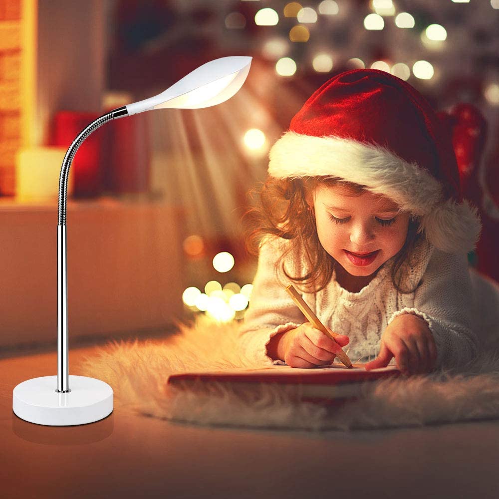 DLLT Minimalist White Table Lamp - Dimmable LED Desk Lamp with 3 Light Modes, Touch Control & 360° Adjustable Neck | Eye-Caring Reading Light for Office, Study, Bedroom, Dorm | USB Powered Nightstand Lamp for Work, Reading & Relaxation