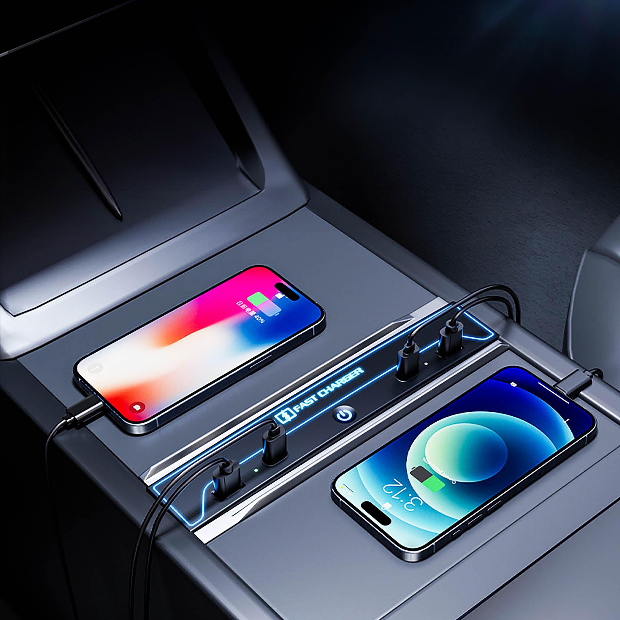 2024 Tesla Model 3 Premium Center Console USB Hub - 27W Fast Charging & 7-Color Ambient Lighting - Perfect for Road Trips & Night Driving