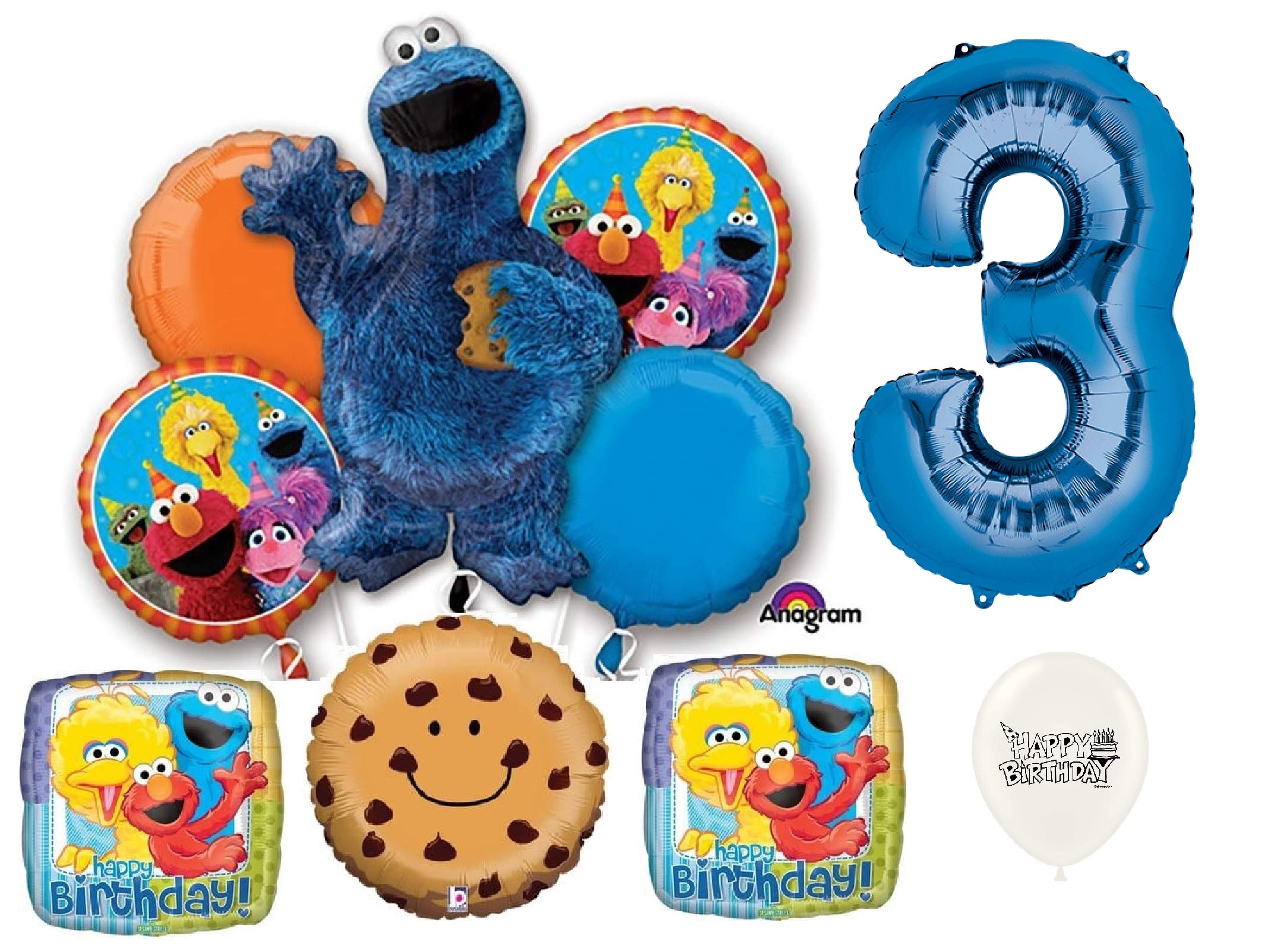Combined Brands Cookie Monster Birthday Party Balloon Bouquet - Blue Number 3 Balloons for Kids Birthday Decorations & Sesame Street Themed Celebrations