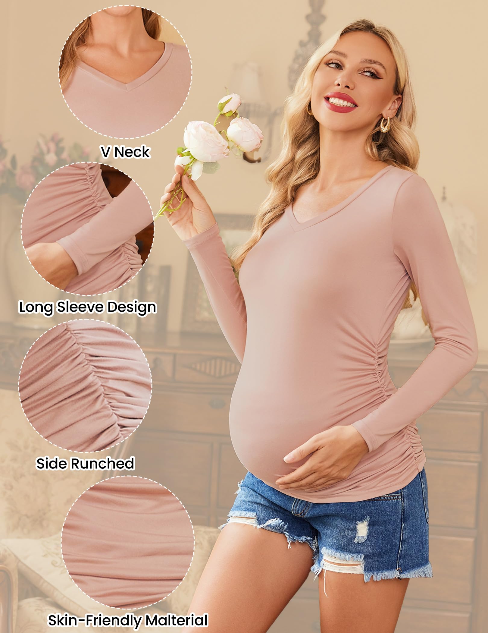 Ekouaer Women's Maternity Shirts 3 Pack - Long Sleeve V-Neck Pregnancy Tops & Tunics for Fall (S-XXL) | Comfortable Nursing Clothes for Expecting Moms at Work or Home