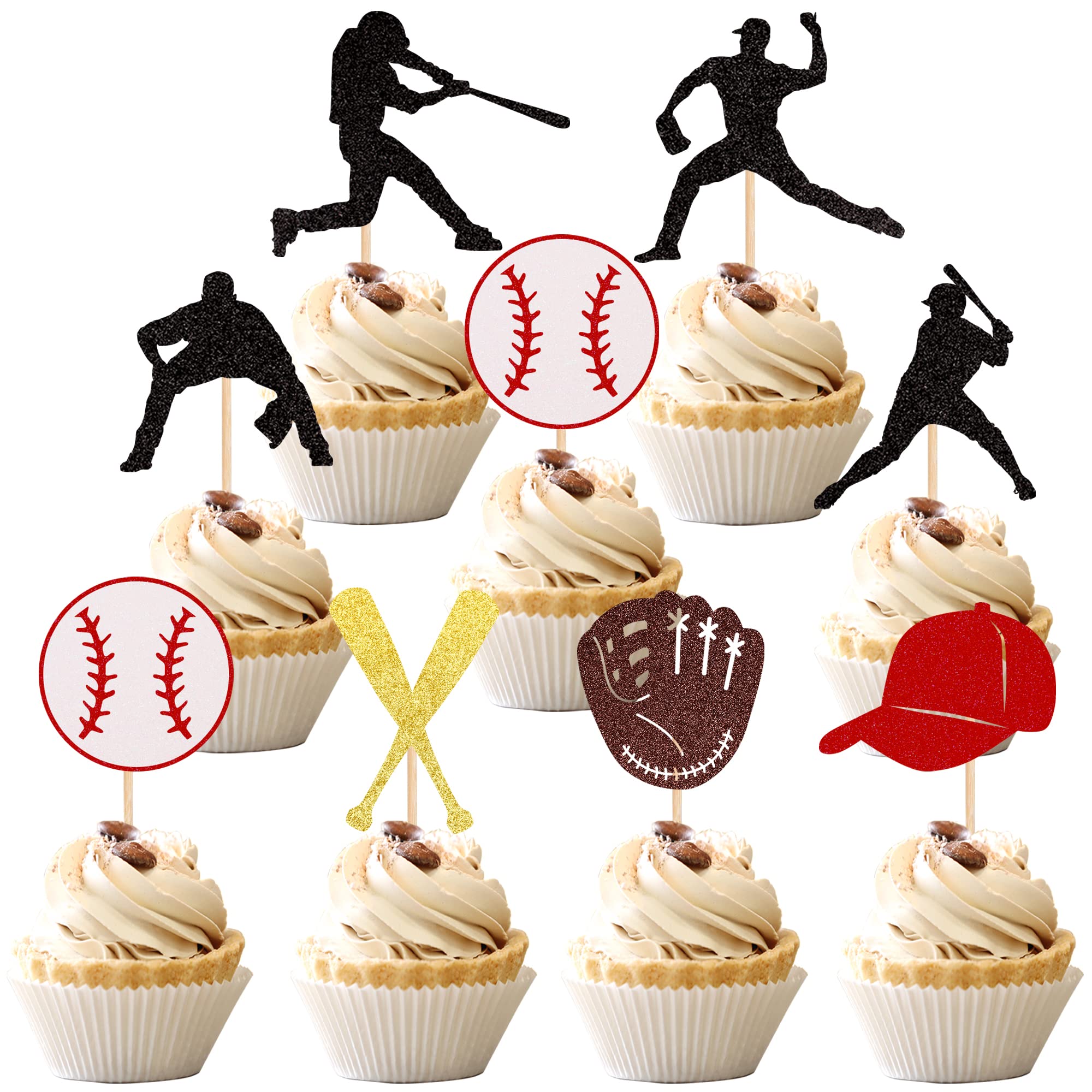 24 PCS Glitter Baseball Cupcake Toppers - Baseball Players Sports Theme Cupcake Picks for Baby Showers, Kids Birthday Parties & Cake Decorations - Perfect for Sports-Themed Celebrations and Baseball Fan Events