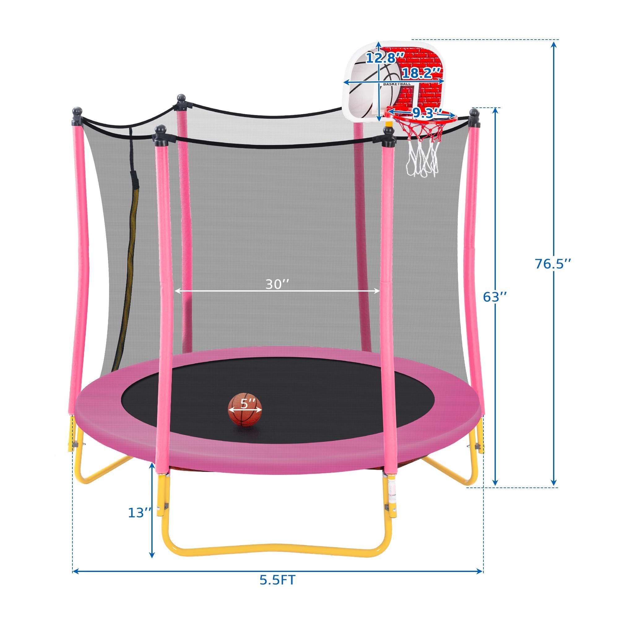 **Merax 66'' Kids Trampoline with Basketball Hoop, Rubber Ball & Safety Enclosure Net – 5.5FT Mini Trampoline for Toddlers (Ages 1-8) – Indoor & Outdoor Use – Perfect Birthday Gift for Active Play & Exercise**