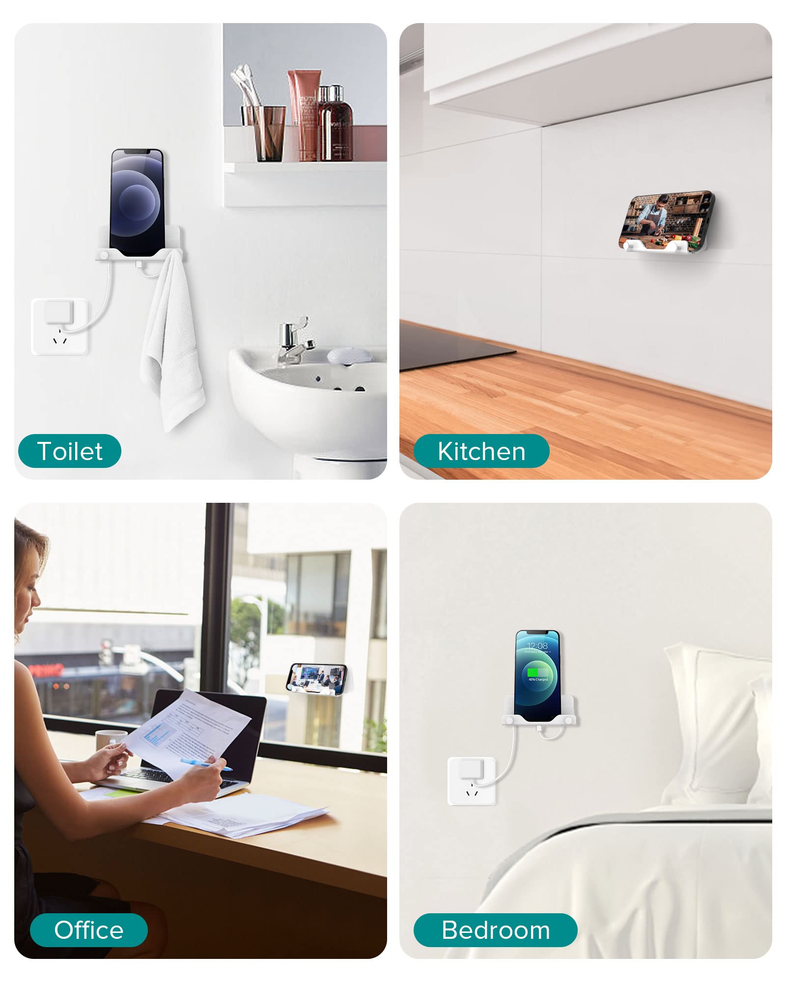 Hands Free Wall Mount Phone Holder with Adhesive Strip - Universal Compatible with All Smartphones & Mini iPads - White - Perfect for Bedroom, Living Room & Kitchen - Watch Videos, Follow Recipes & Video Chat Hands-Free
