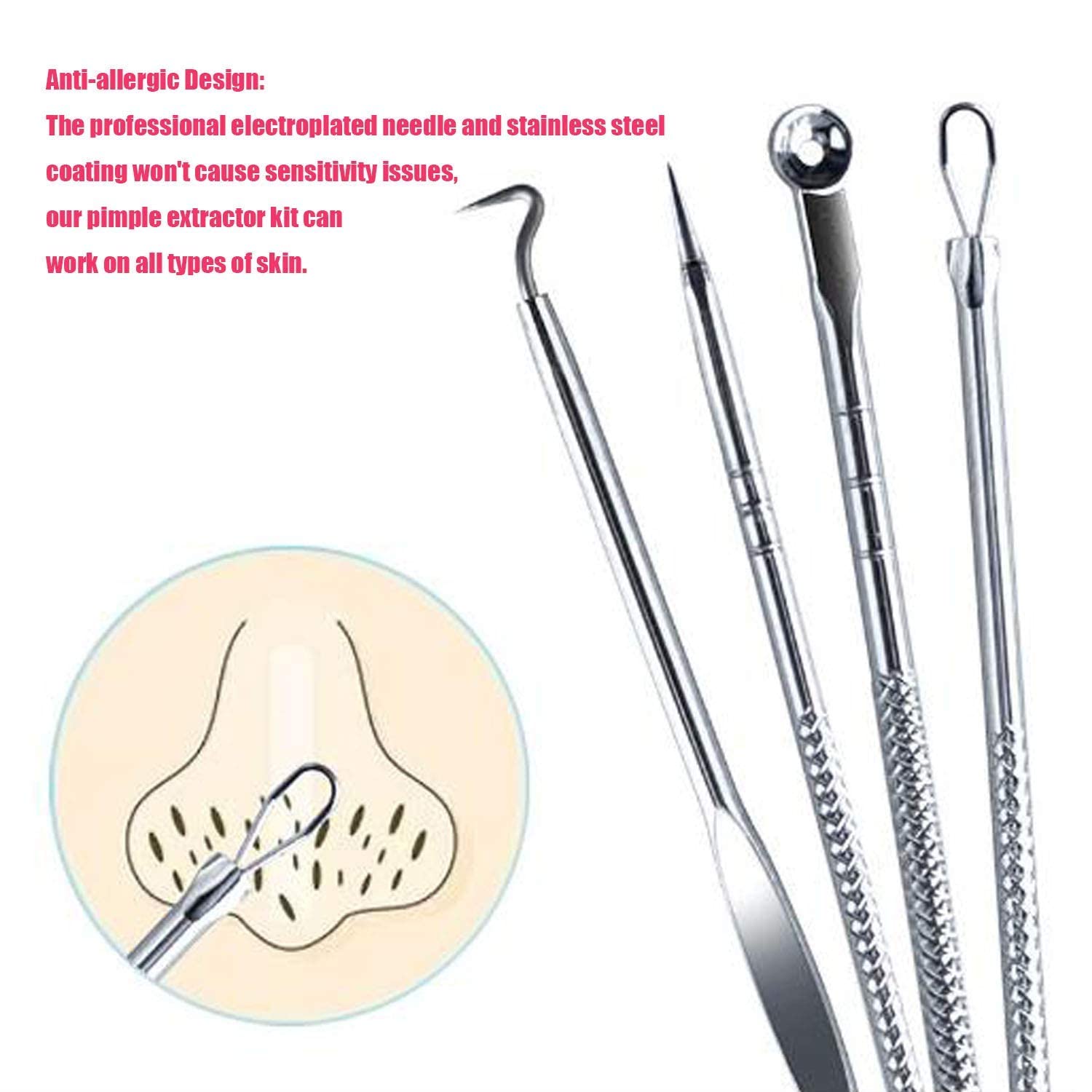 Professional Blackhead Remover Kit - 4 Pcs Pimple Extractor Tools with Case for Nose & Face | Whitehead & Blemish Treatment | Acne Removal for Clear Skin | Perfect for Home Spa & Skincare Routine