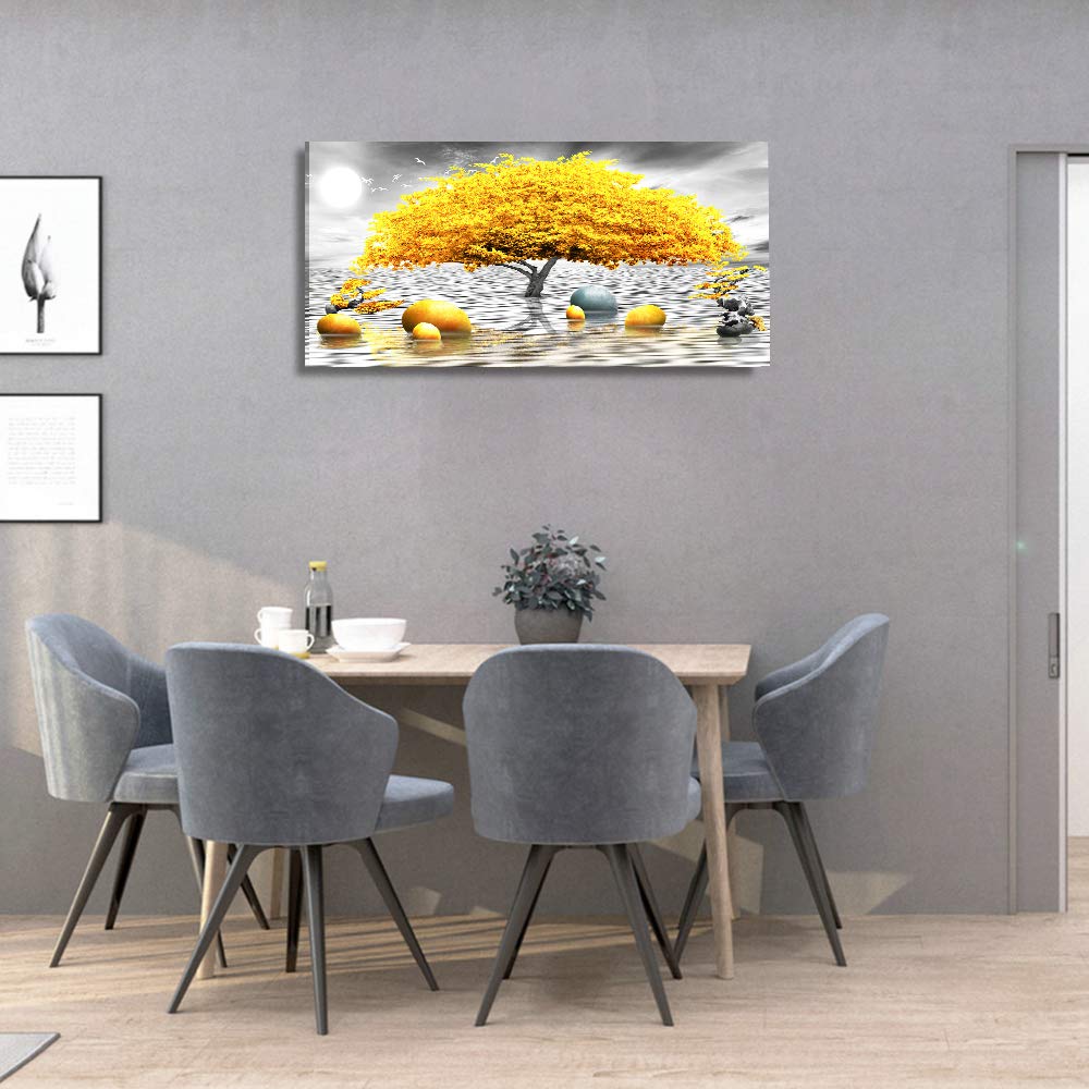 Abstract Black and White Canvas Wall Art - Modern Yellow Tree Painting for Living Room, Bedroom, Bathroom & Office Decor - Large Hanging Wall Decorations for Home & Workspace
