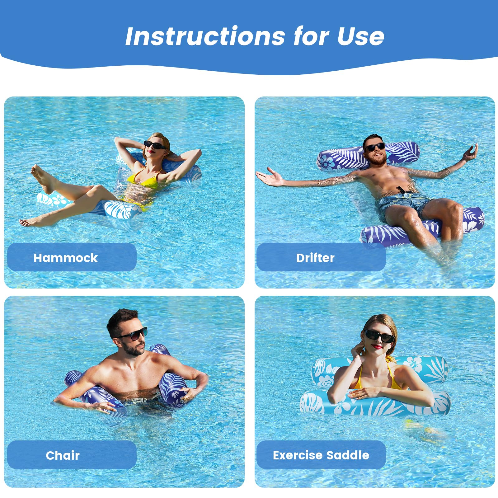 2 Pack Adult Pool Floats - 4-in-1 Inflatable Hammock Float with Non-Slip PVC Material for Swimming Pools, Lakes & Beach Relaxation - Blue