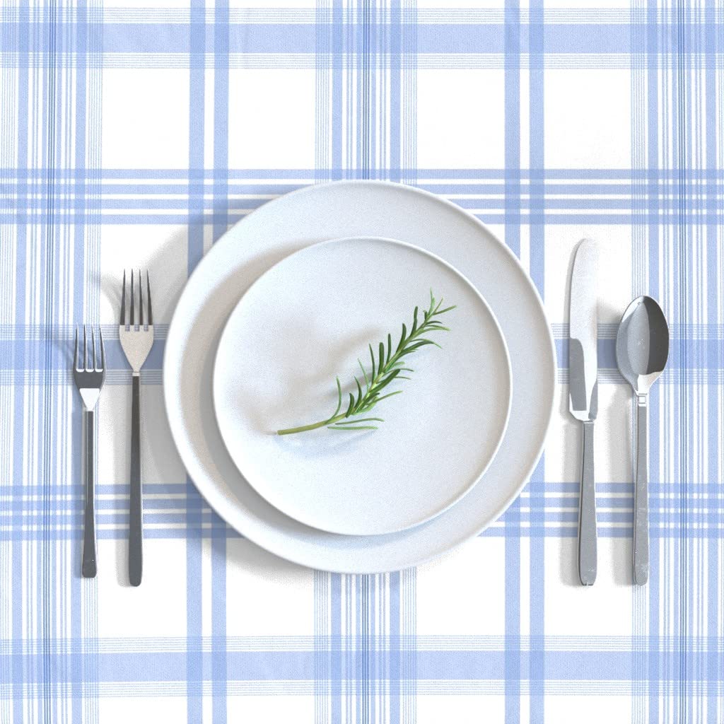 Custom Pastel Blue Spring Easter Plaid Check Tartan Blue White Print Cotton Sateen Tablecloth 70