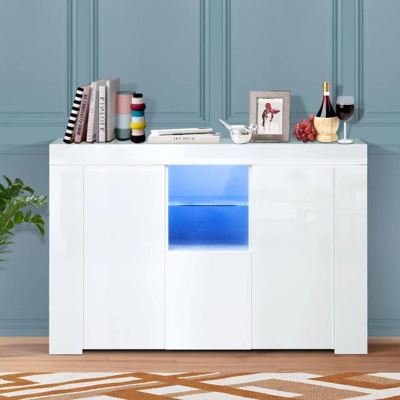 Modern LED Sideboard Buffet Cabinet - High Gloss Kitchen Storage Cabinet with Wooden Bar, Large Buffet Table for Dining Room, Hallway & Living Room (45.67